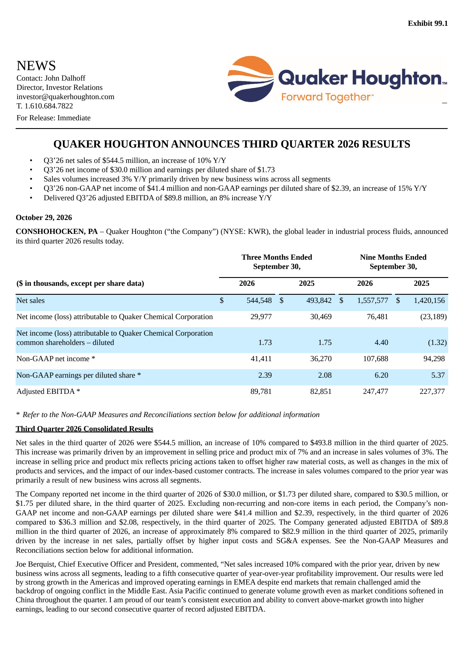 Quaker Houghton's Q3 2026 Press Release