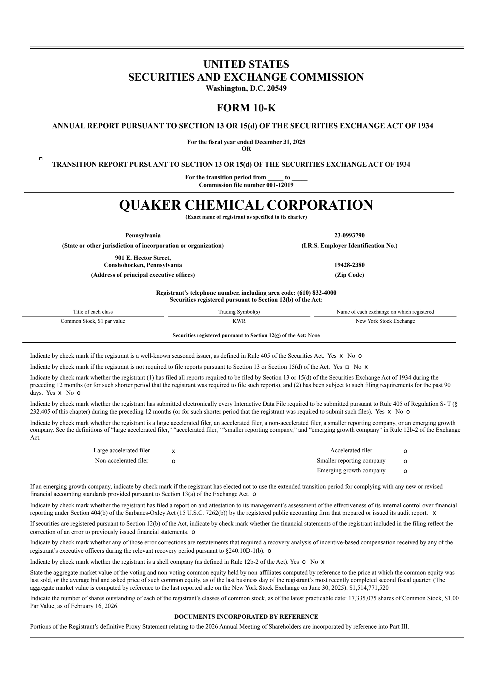 Quaker Houghton's Q4 2025 Annual report