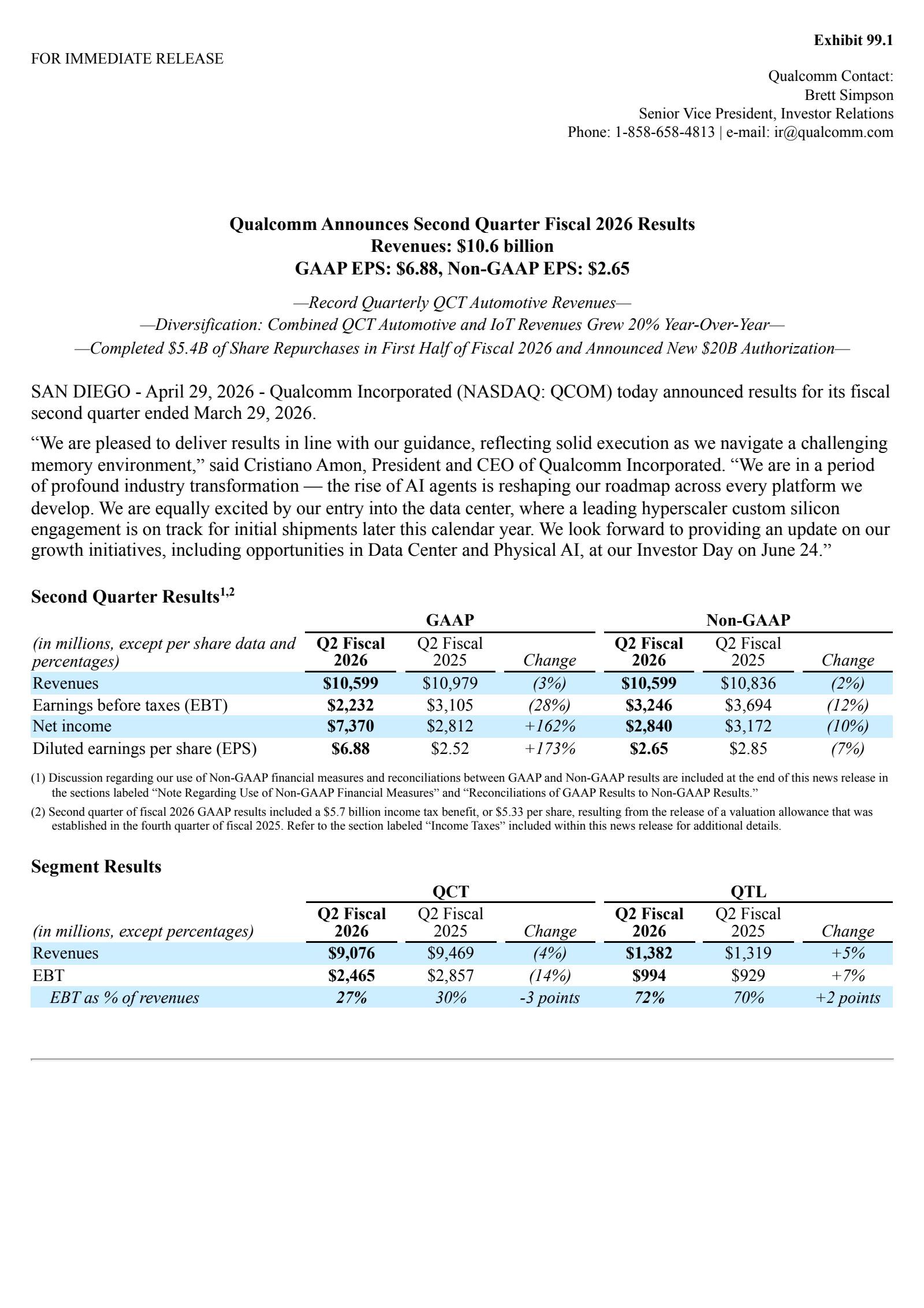 Qualcomm's Q2 2026 Press Release