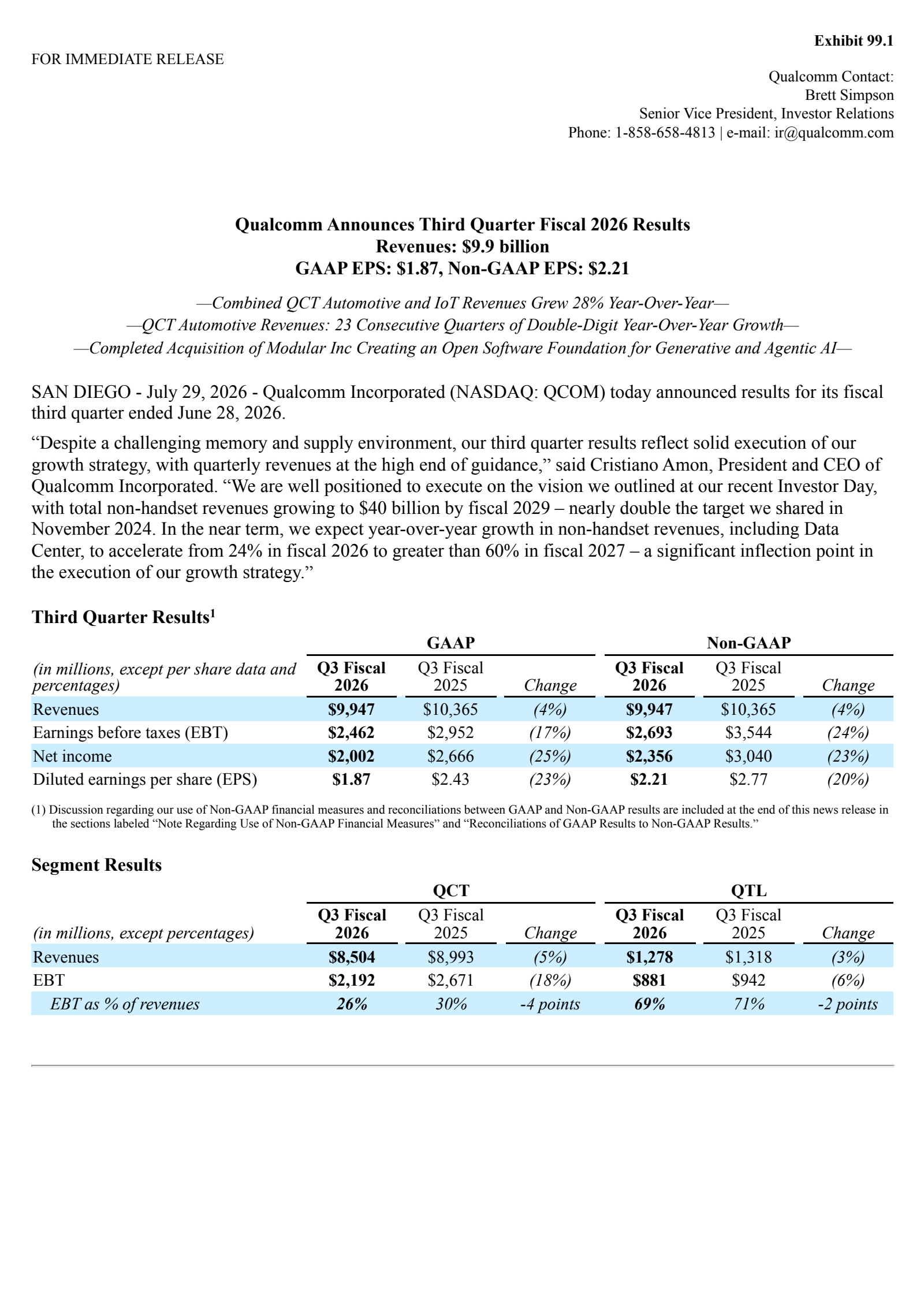 Qualcomm's Q3 2026 Press Release
