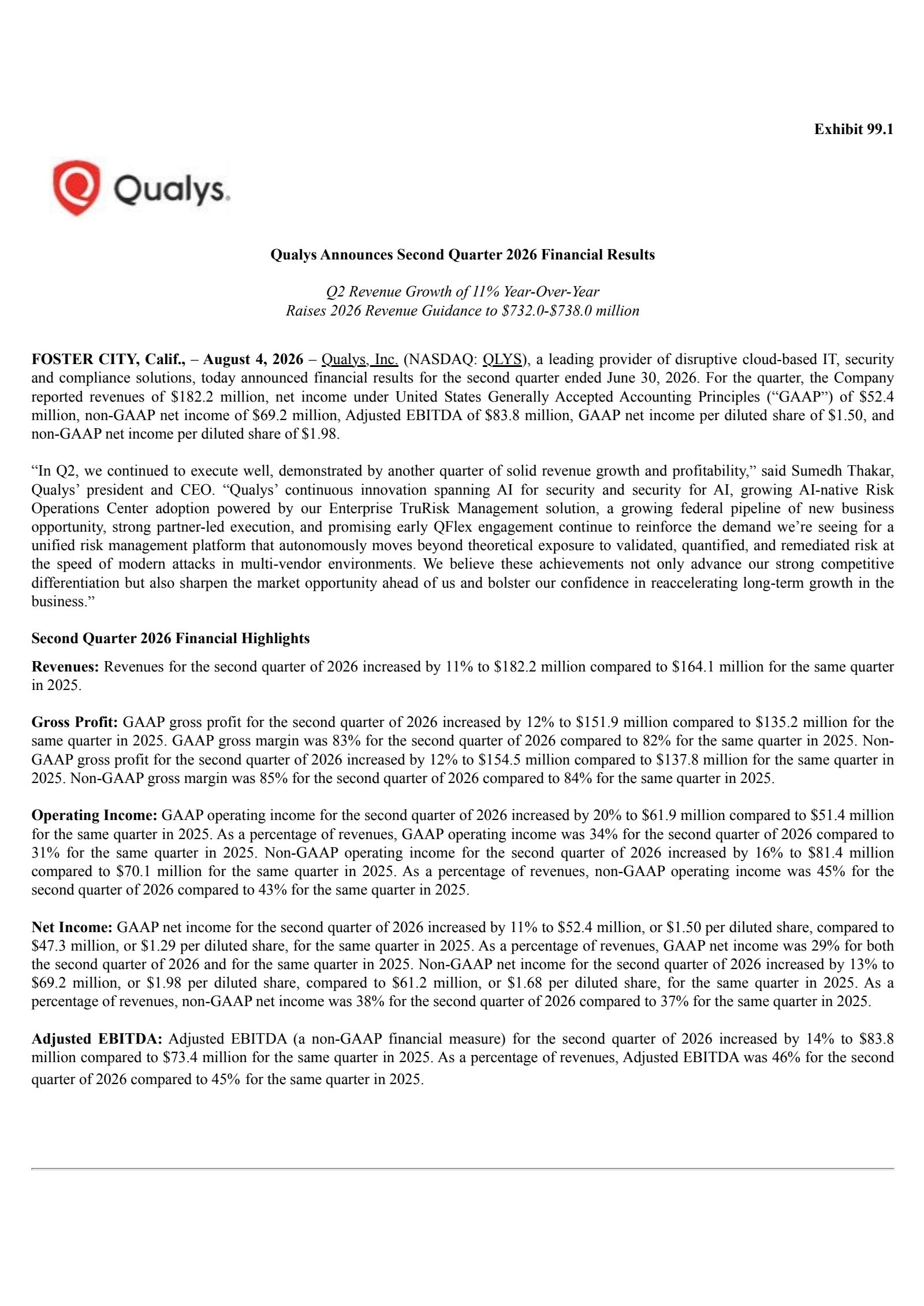 Qualys' Q2 2026 Press Release