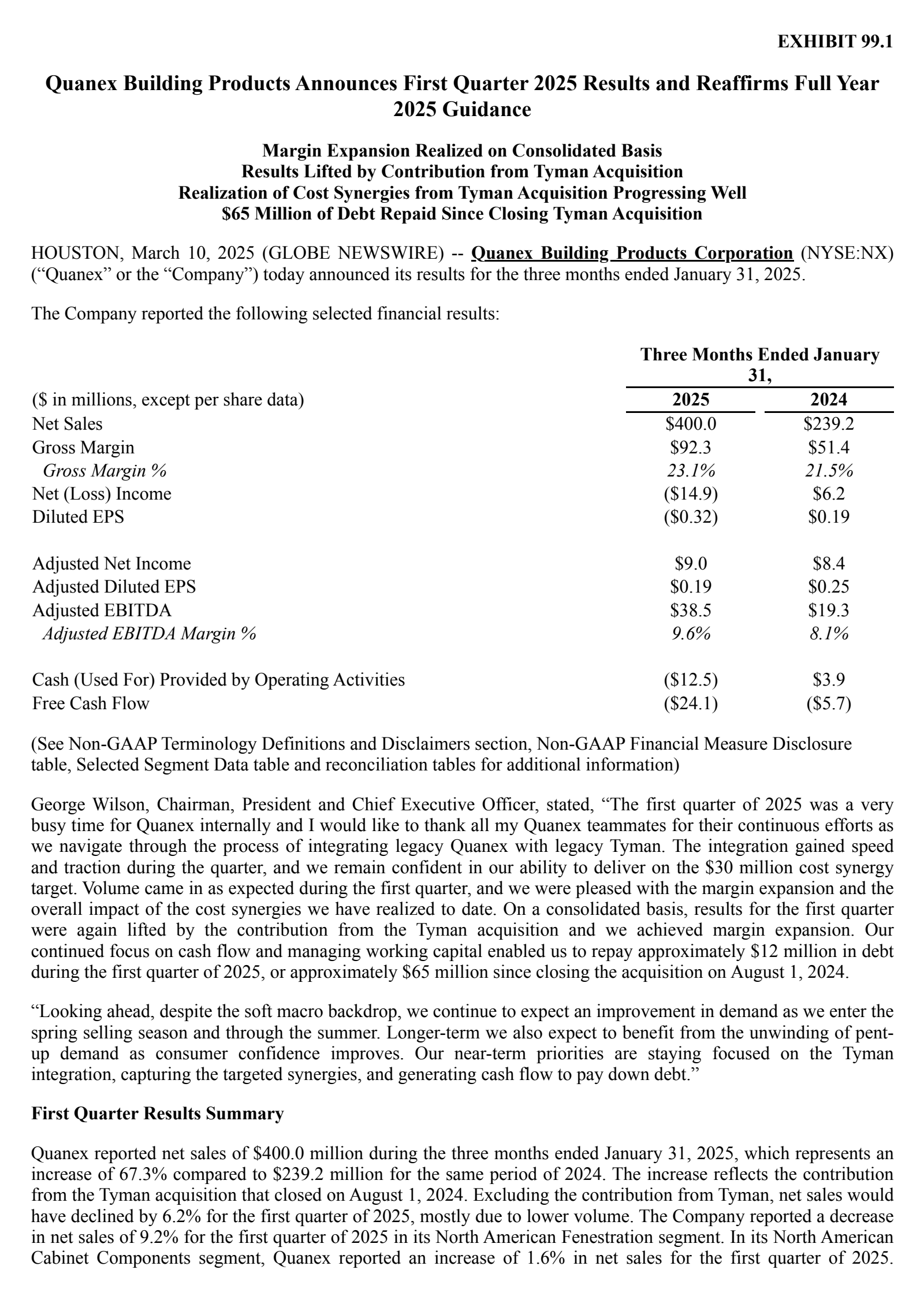 Quanex Building Products' Q1 2025 Press Release