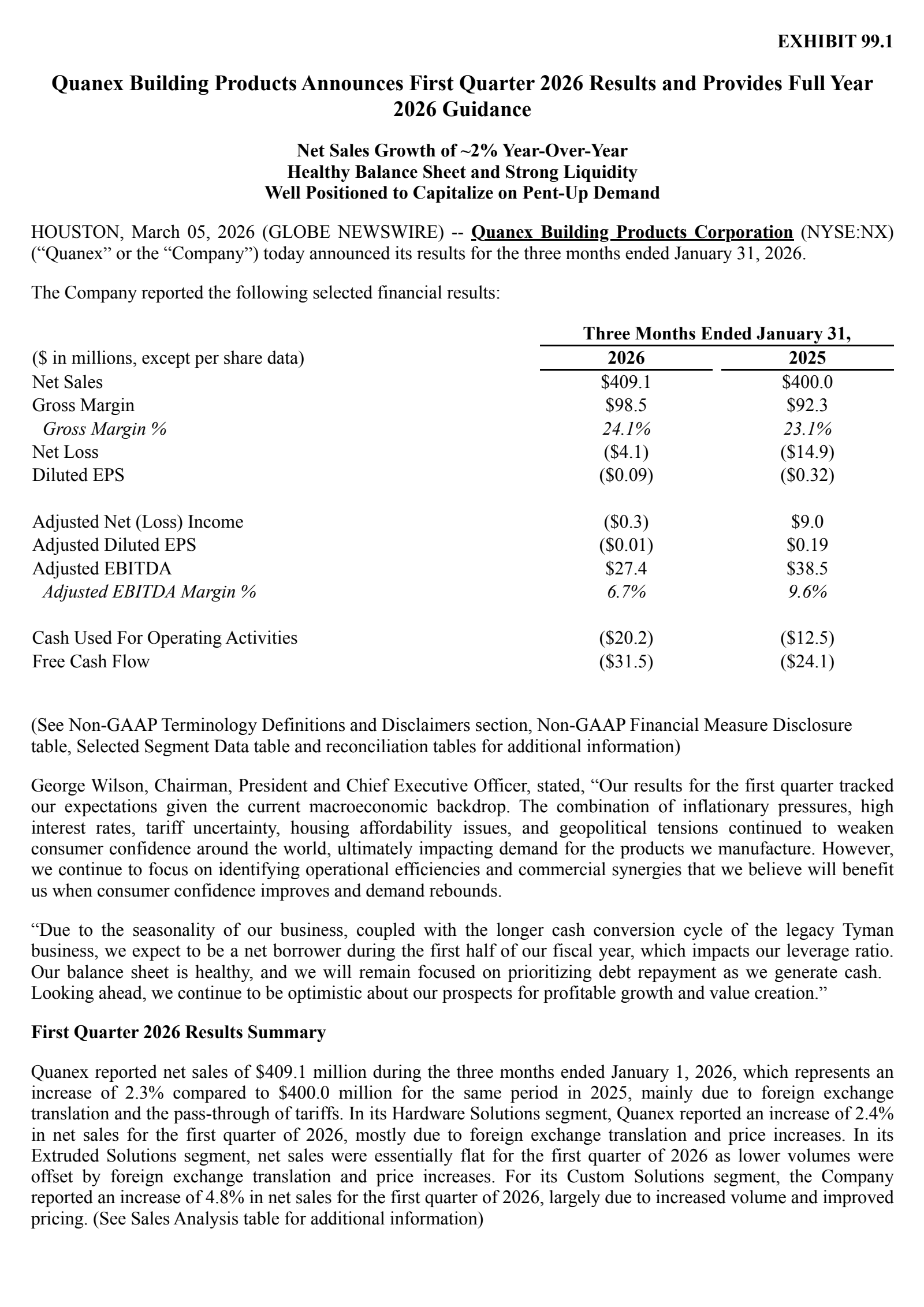Quanex Building Products' Q1 2026 Press Release