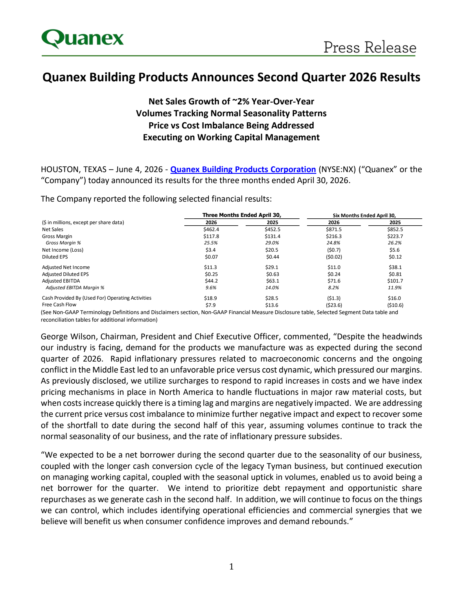 Quanex Building Products' Q2 2026 Press Release