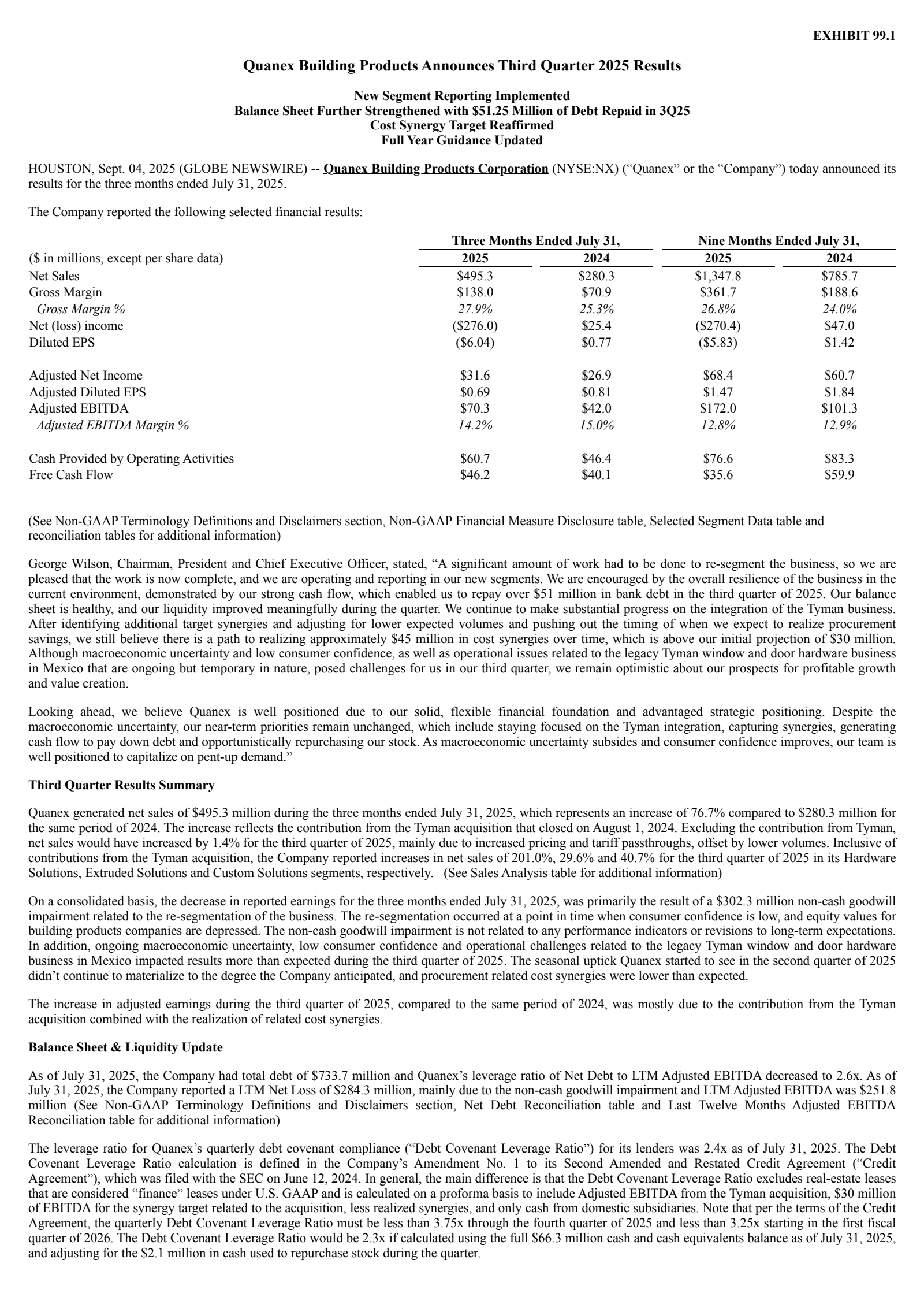 Quanex Building Products' Q3 2025 Press Release