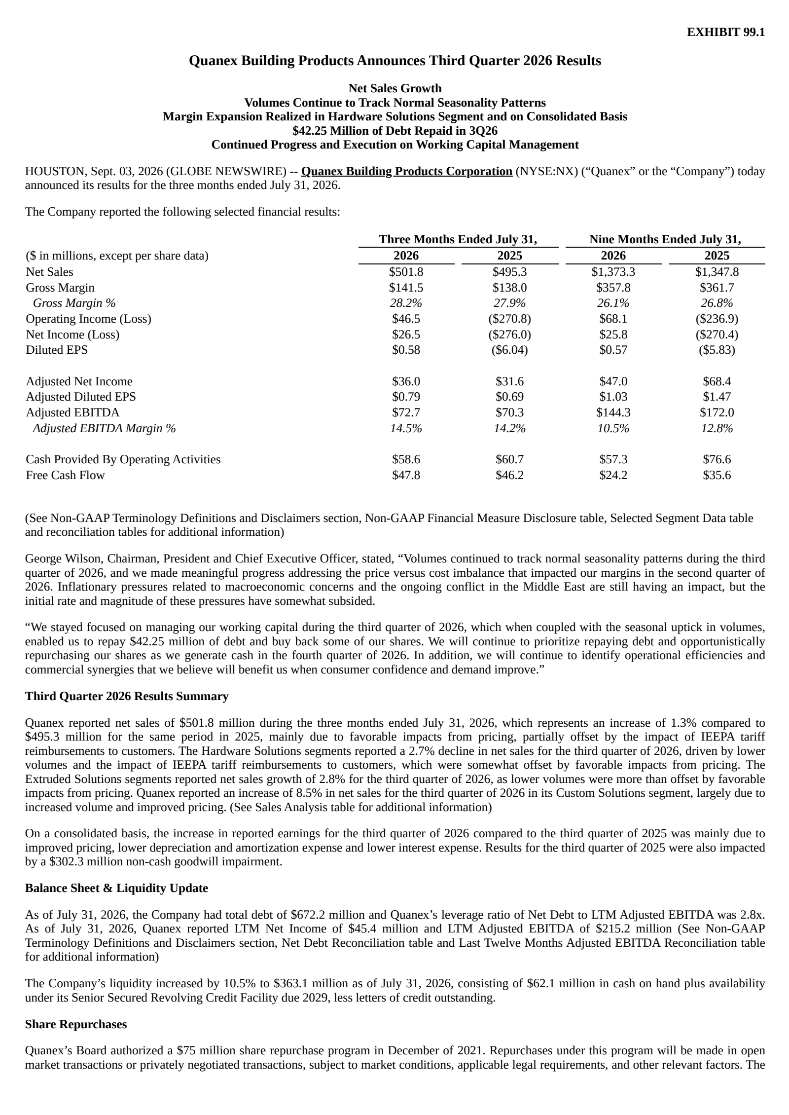 Quanex Building Products' Q3 2026 Press Release