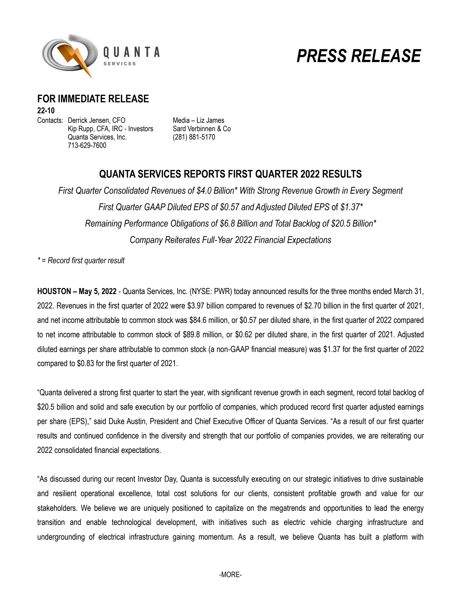 Quanta Services' Q1 2022 Earnings Release