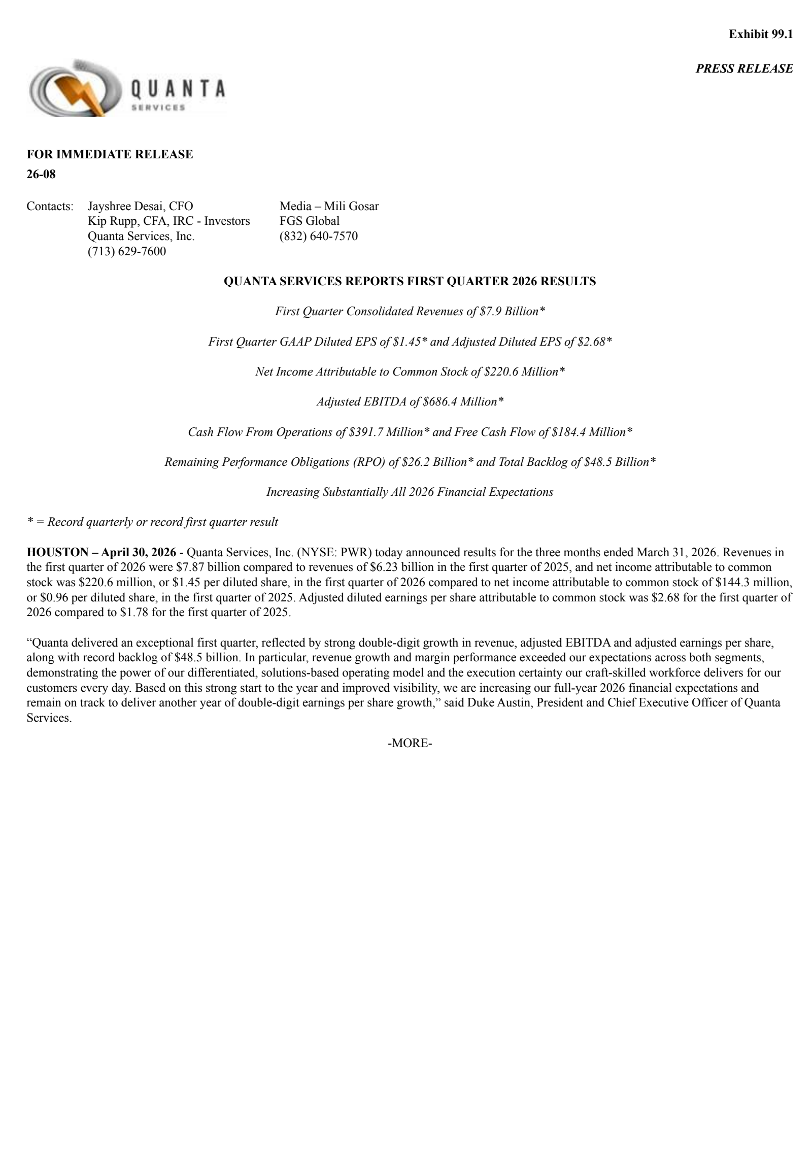 Quanta Services' Q1 2026 Press Release
