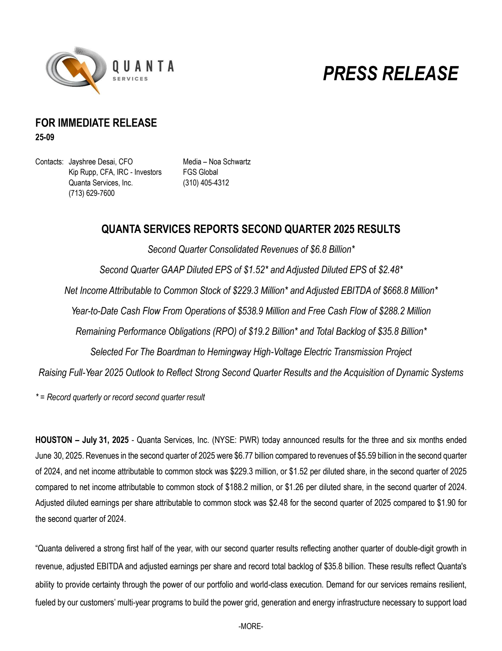 Quanta Services' Q2 2025 Press Release