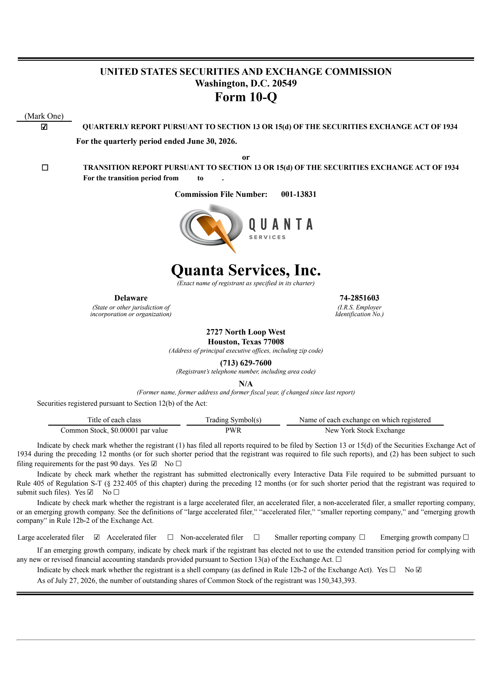 Quanta Services' Q2 2026 Quarterly report