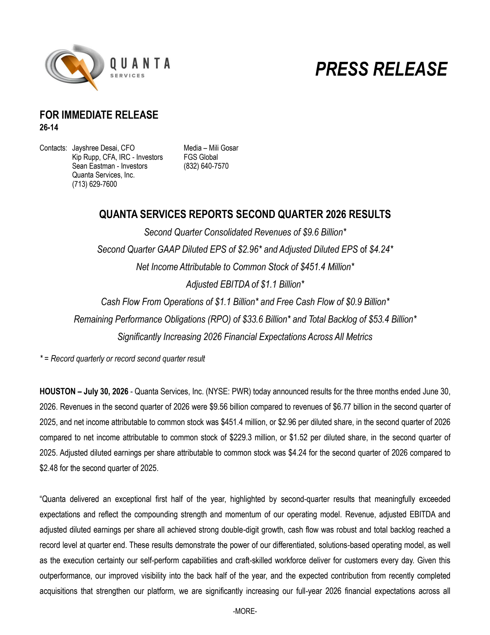 Quanta Services' Q2 2026 Press Release