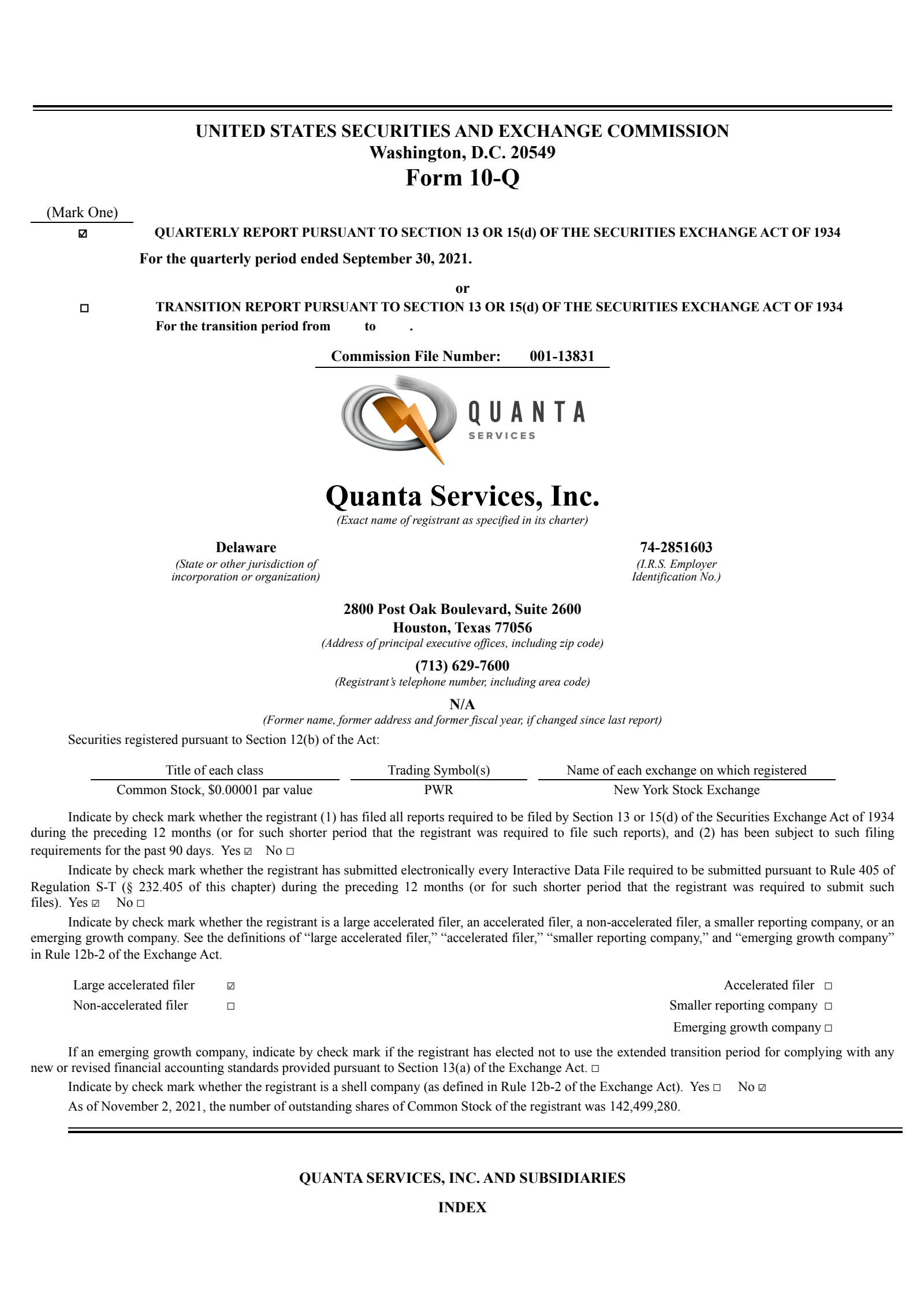 Quanta Services' Q3 2021 Quarterly report
