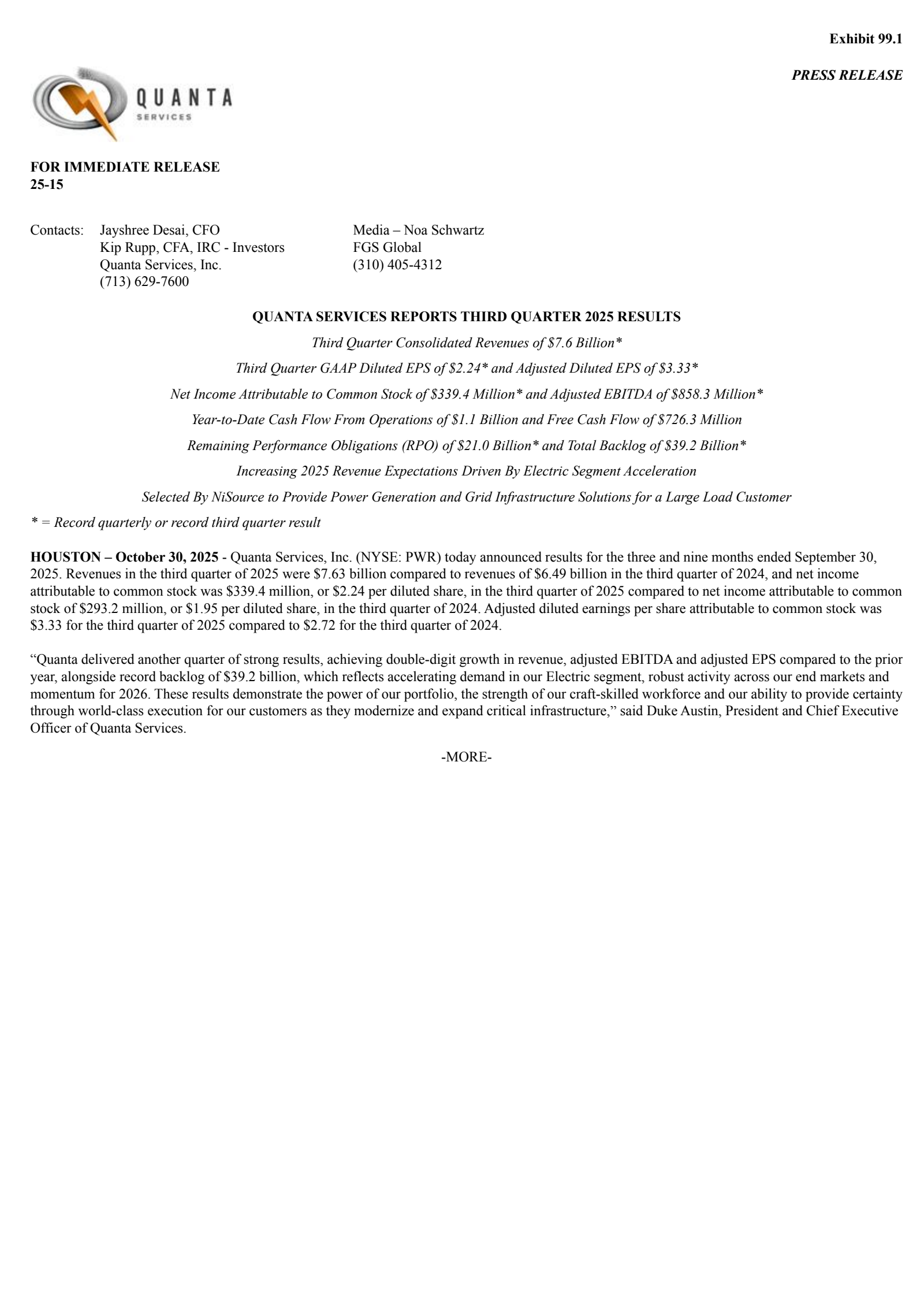 Quanta Services' Q3 2025 Earnings Release