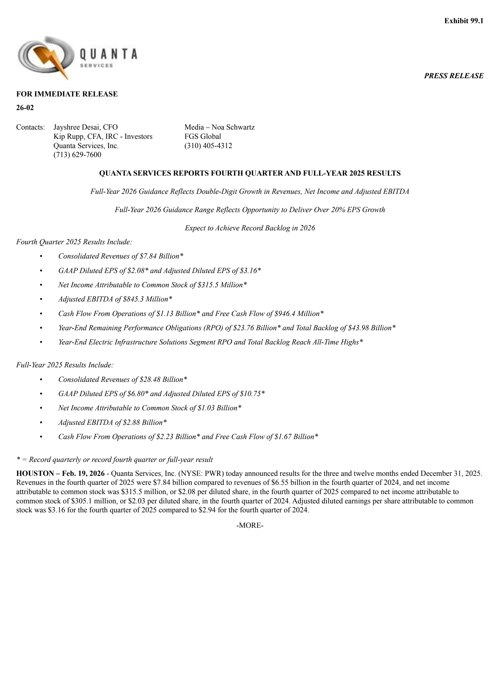 Quanta Services' Q4 2025 Press Release
