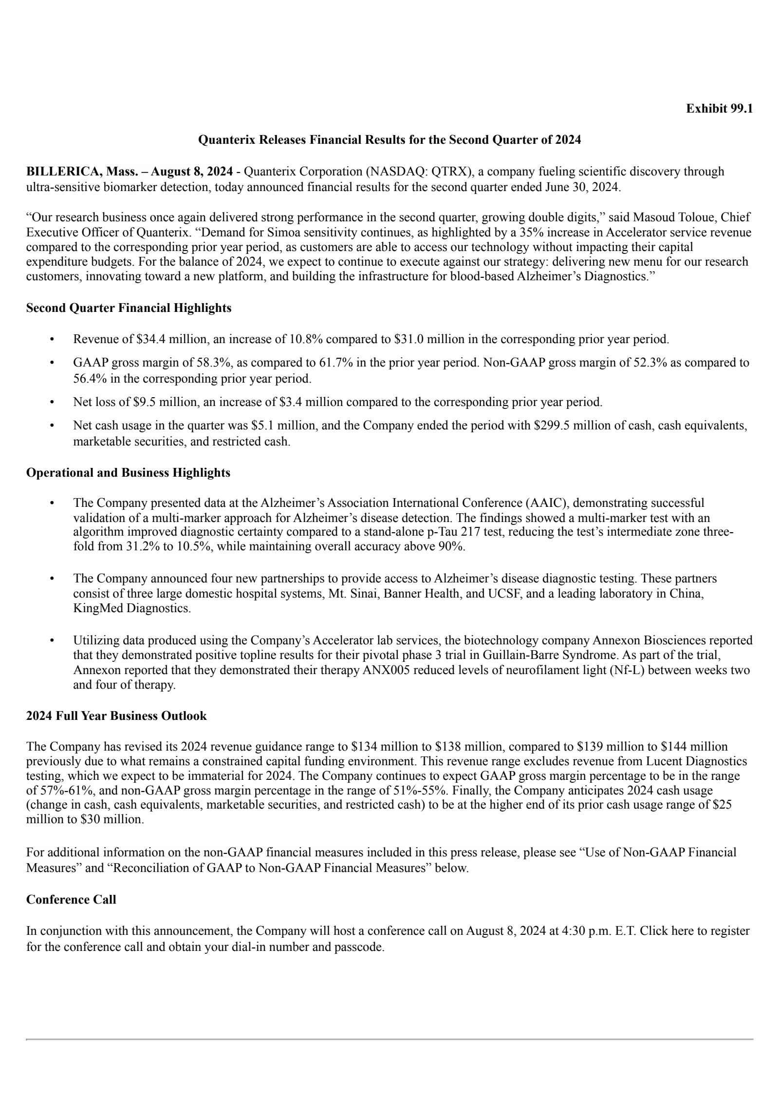 Quanterix's Q2 2024 Press Release