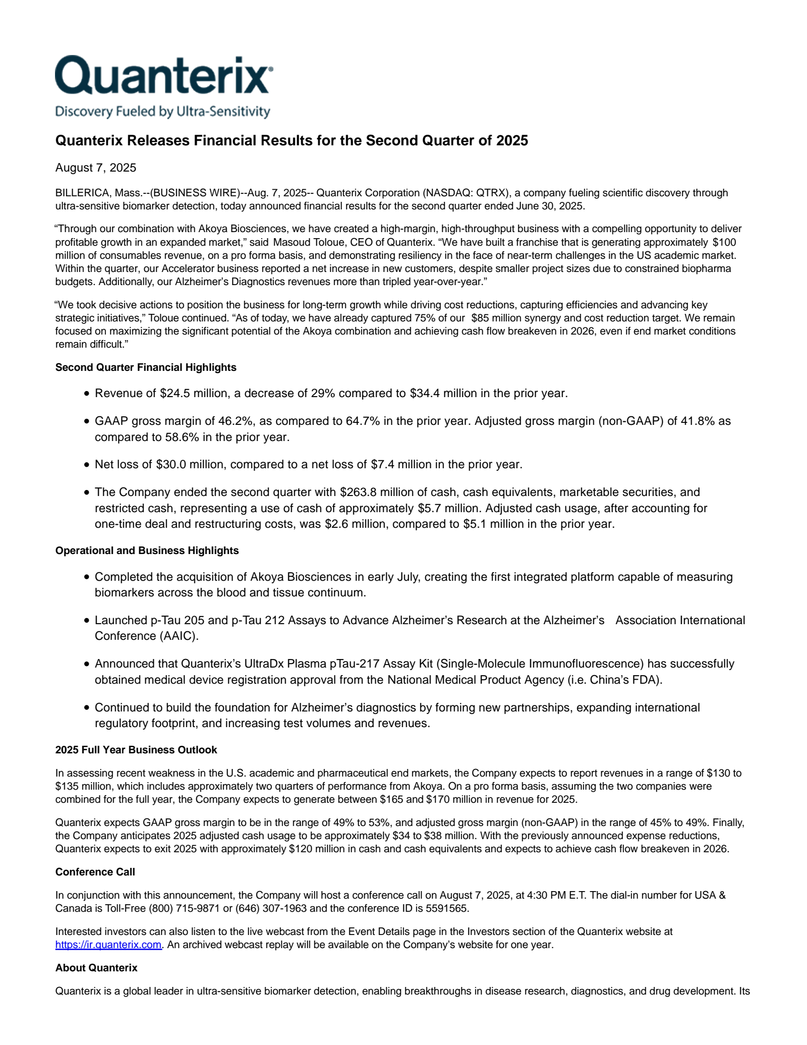 Quanterix's Q2 2025 Press Release