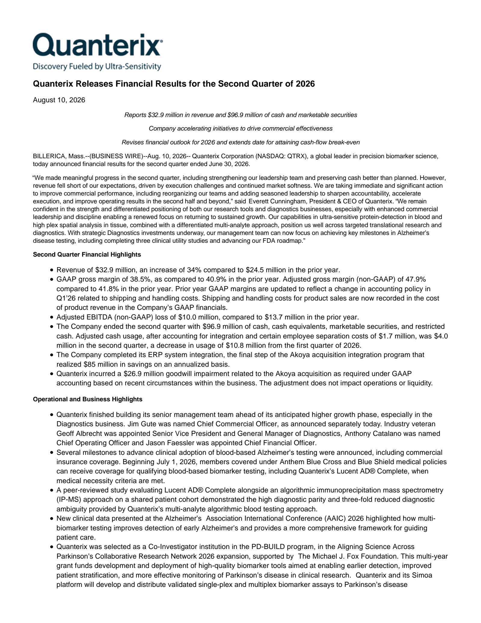 Quanterix's Q2 2026 Press Release