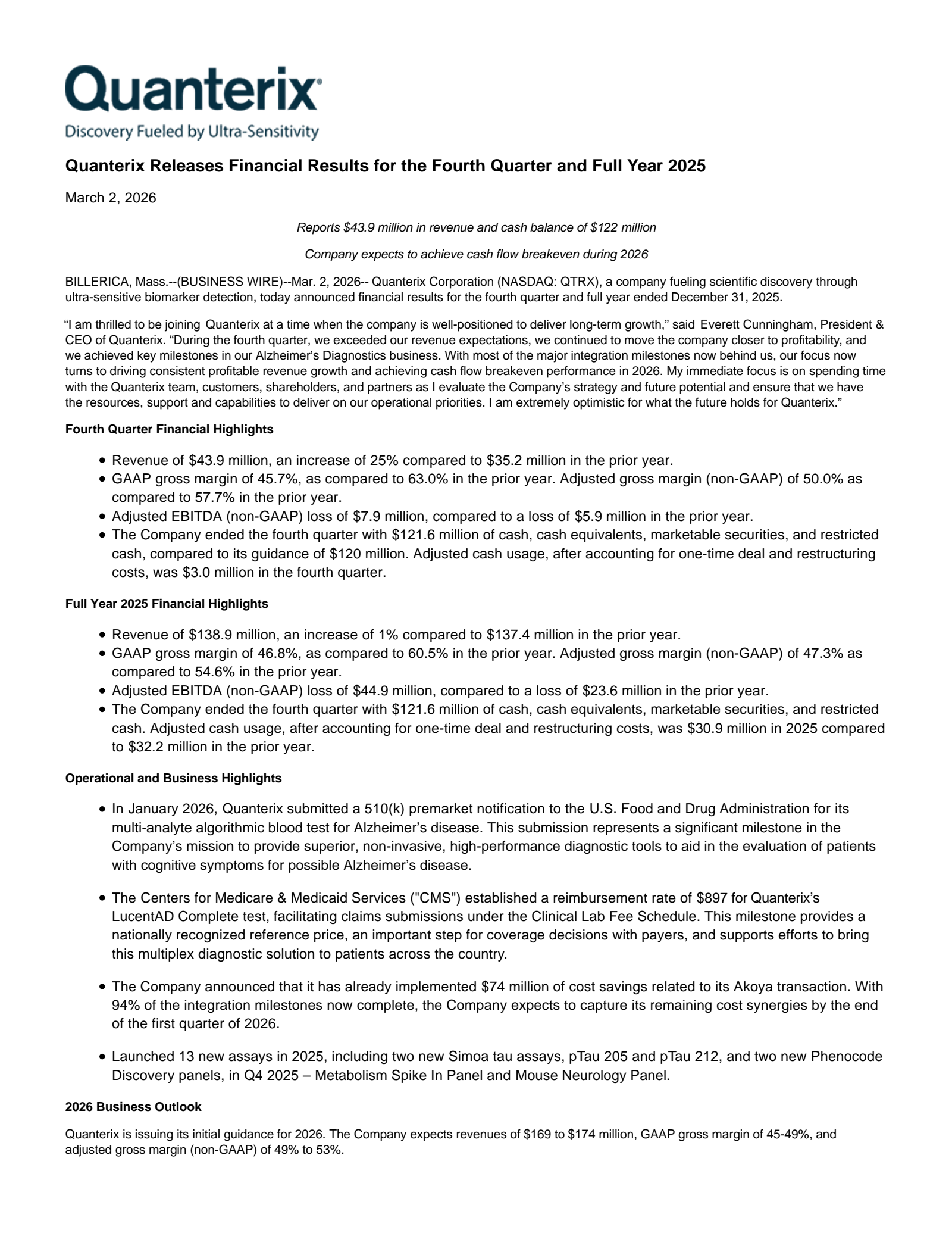 Quanterix's Q4 2025 Press Release