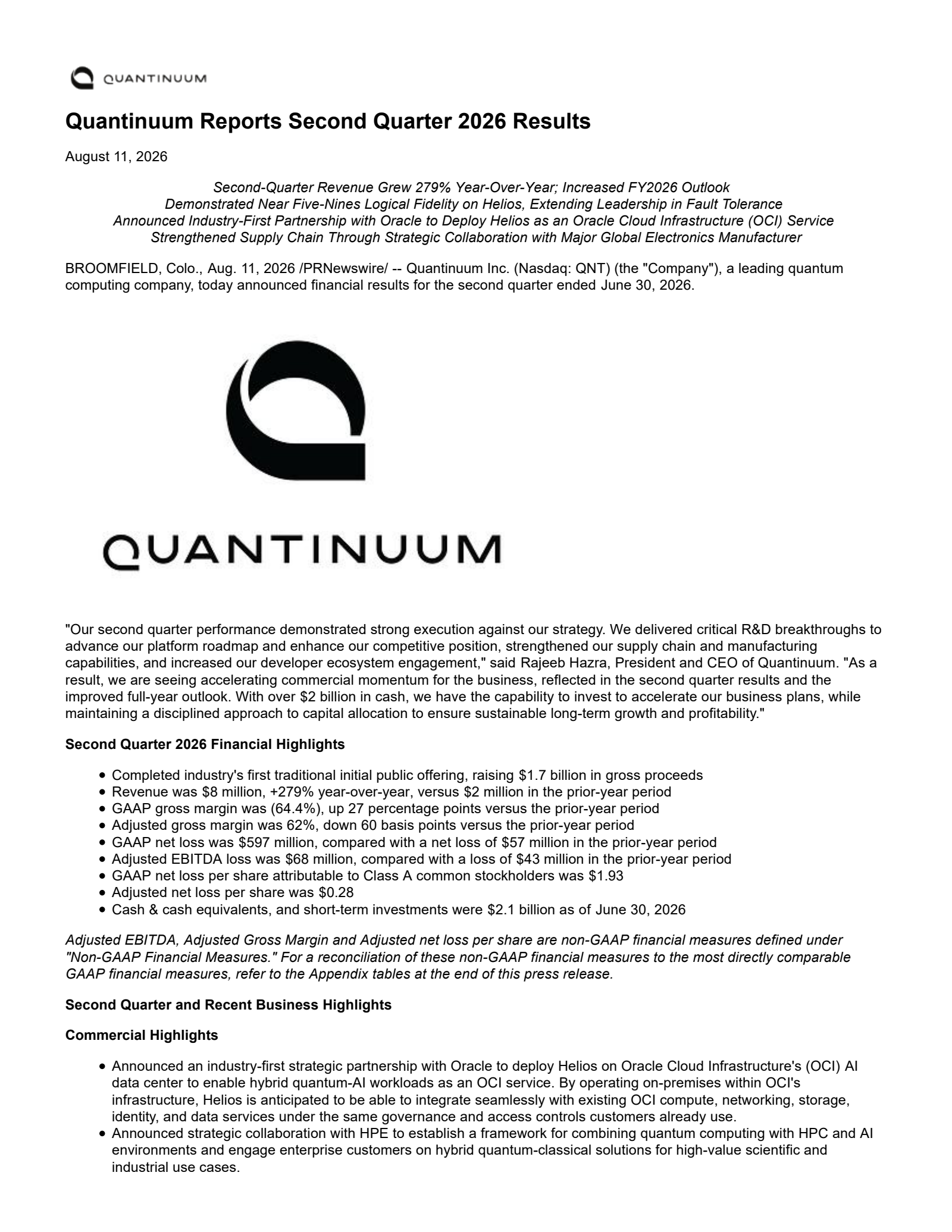 Quantinuum's Q2 2026 Press Release