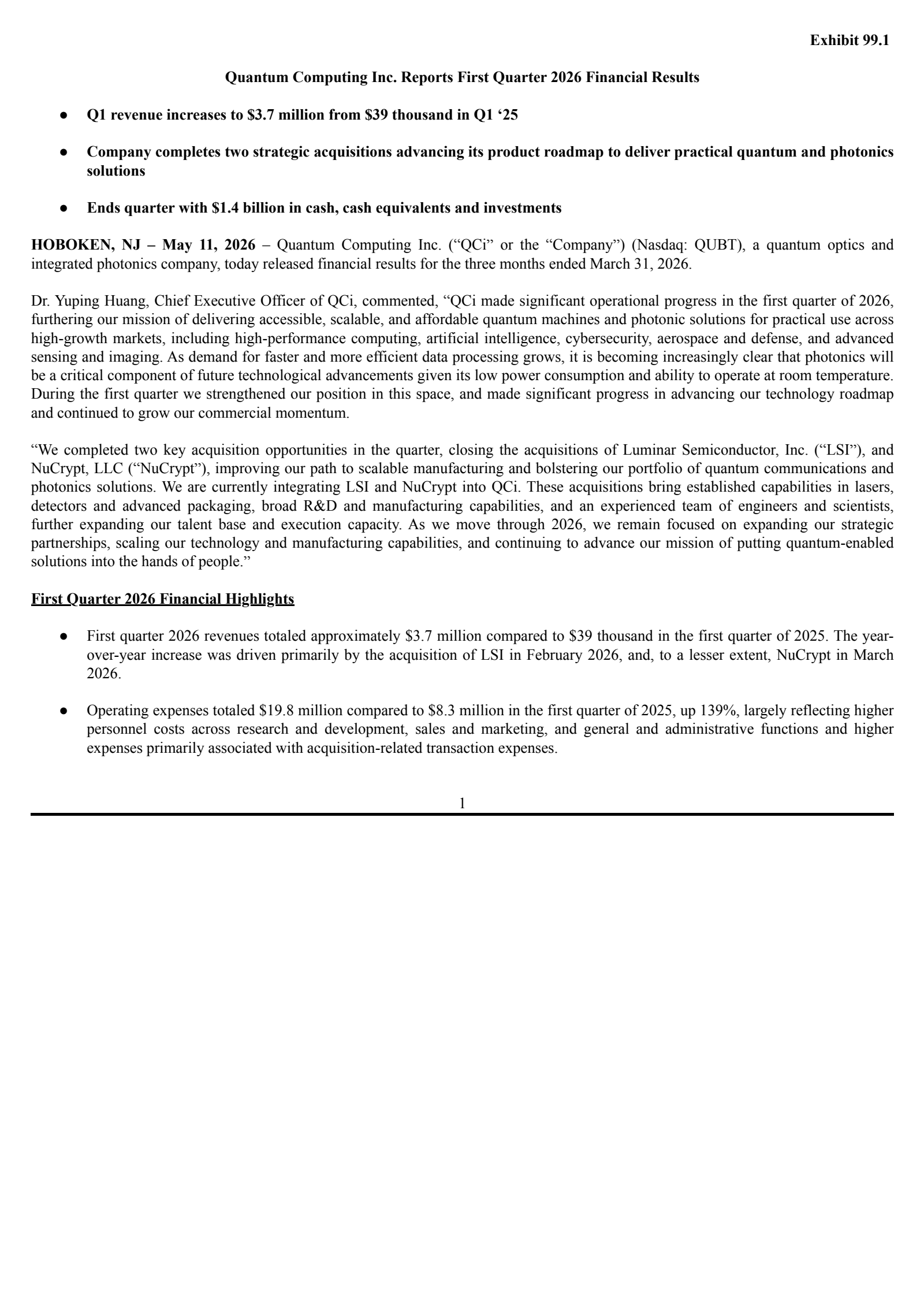 Quantum Computing's Q1 2026 Press Release