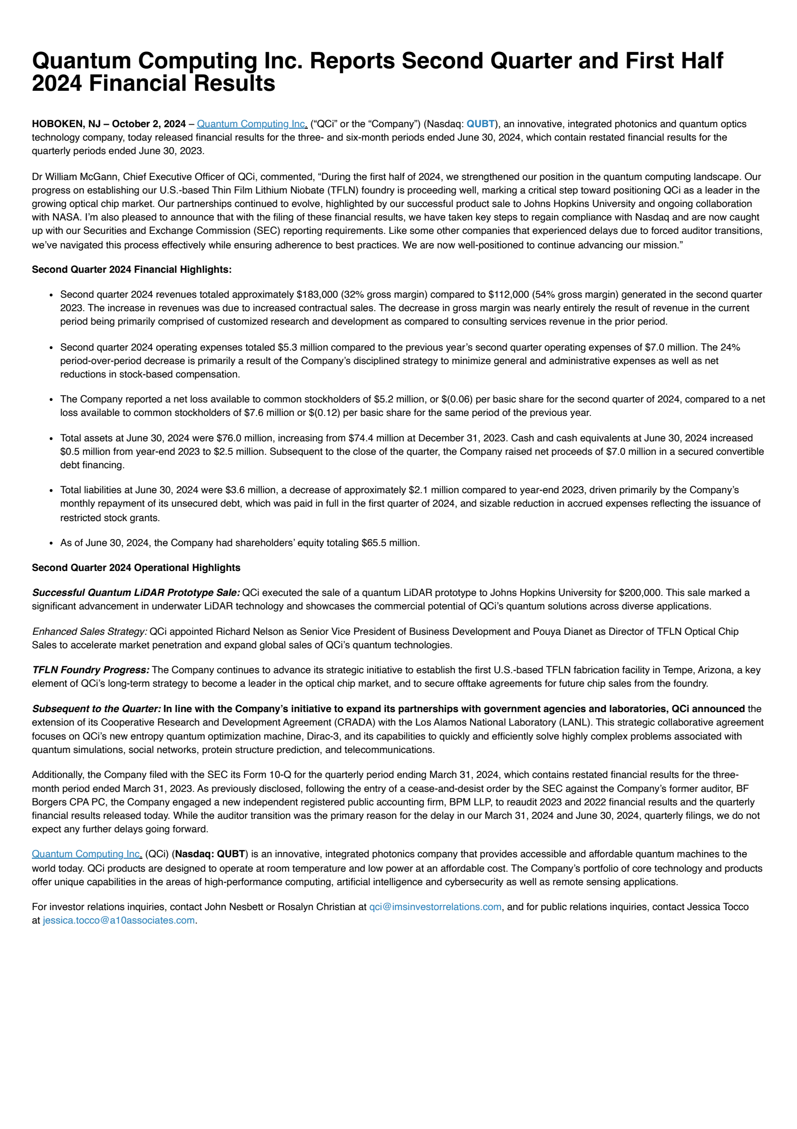 Quantum Computing's Q2 2024 Press Release