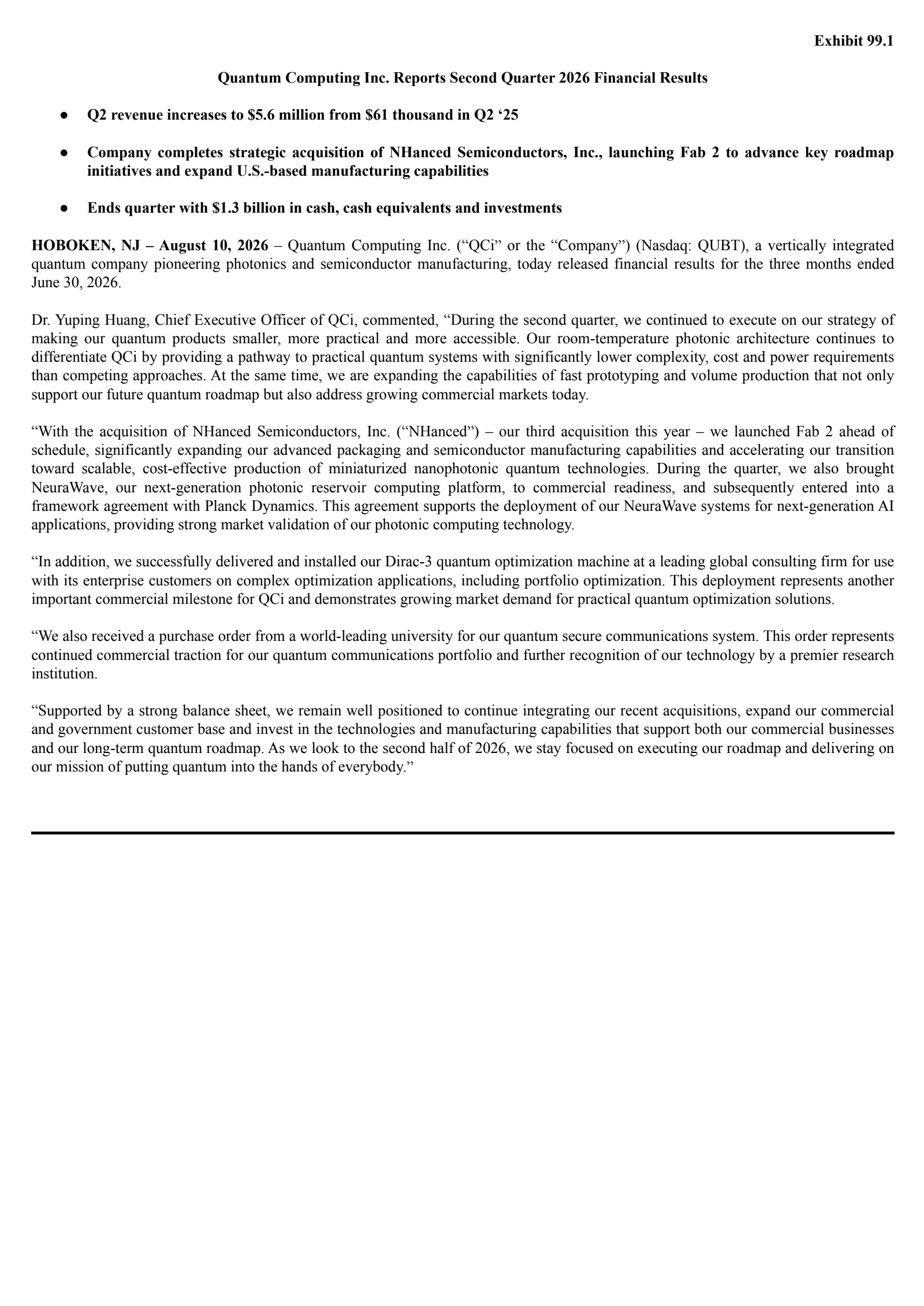 Quantum Computing's Q2 2026 Press Release