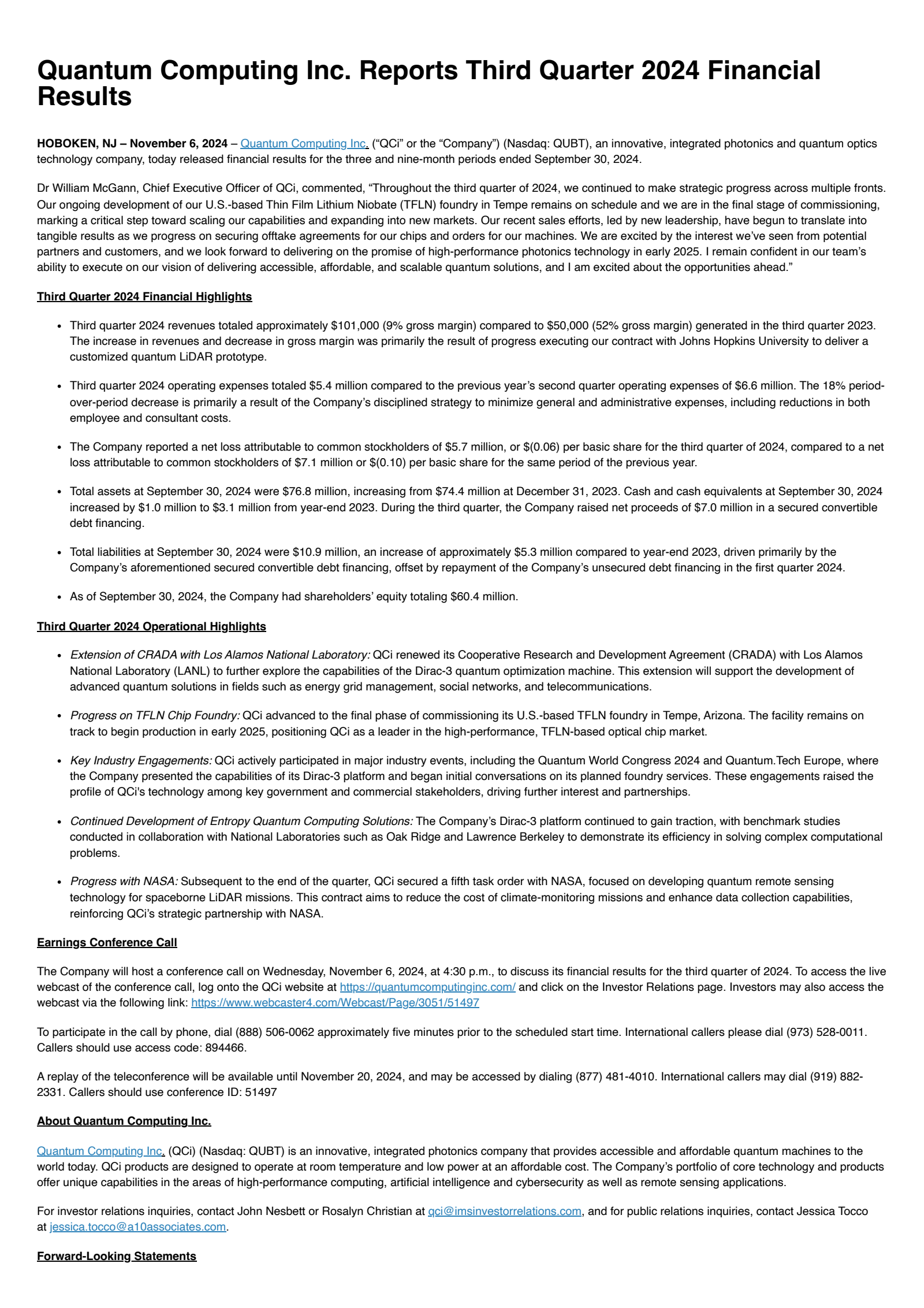 Quantum Computing's Q3 2024 Press Release