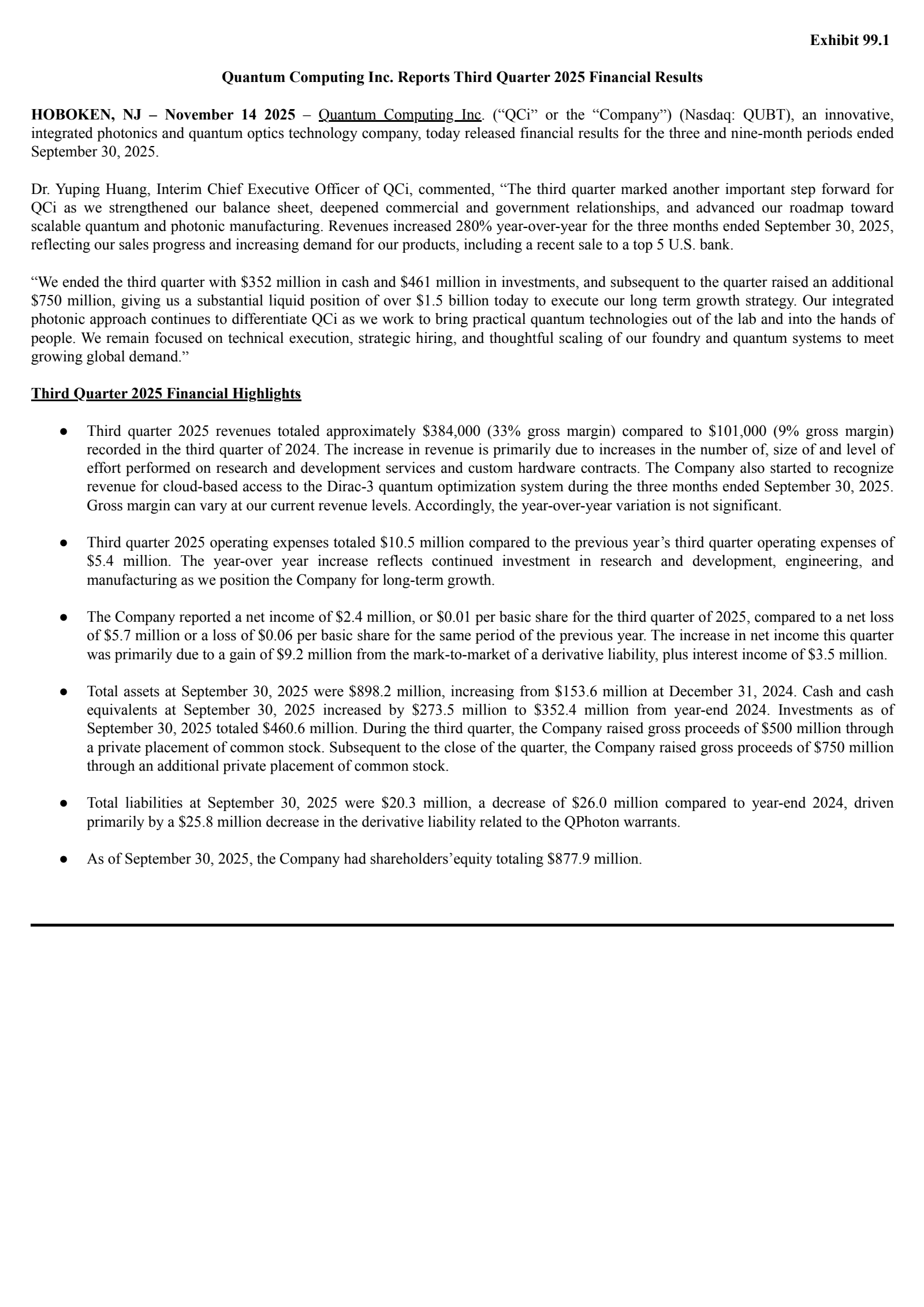 Quantum Computing's Q3 2025 Earnings Release