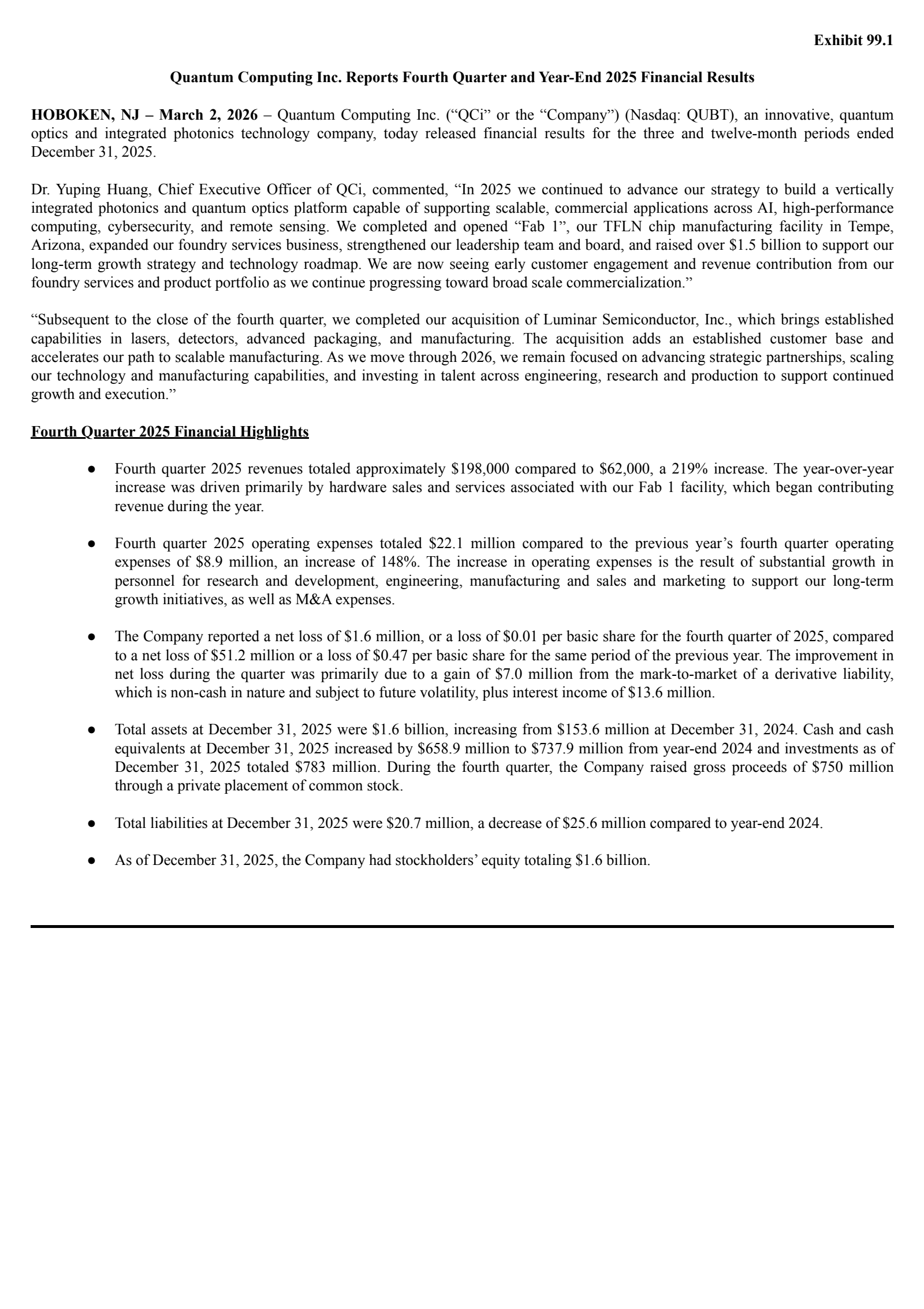 Quantum Computing's Q4 2025 Press Release