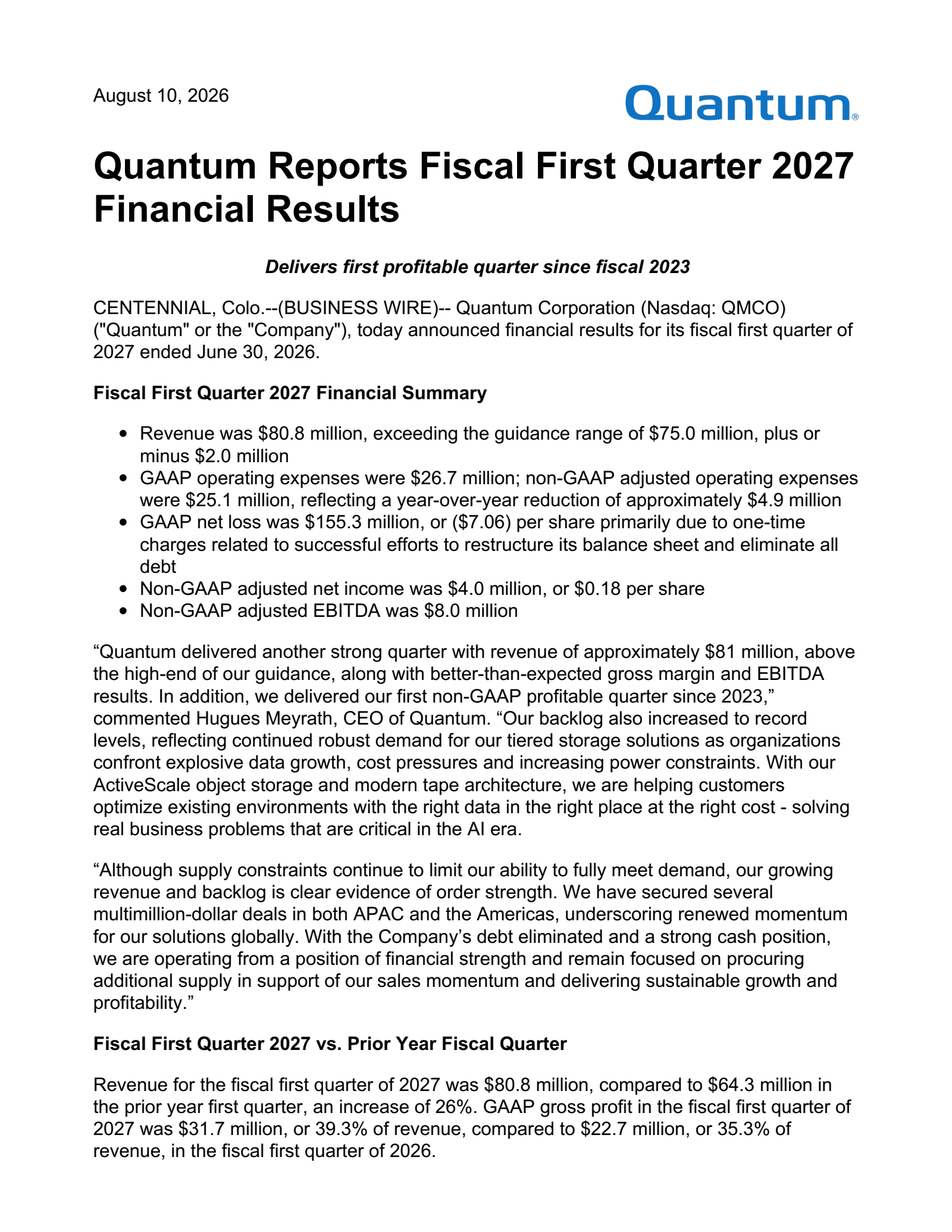 Quantum's Q1 2027 Press Release