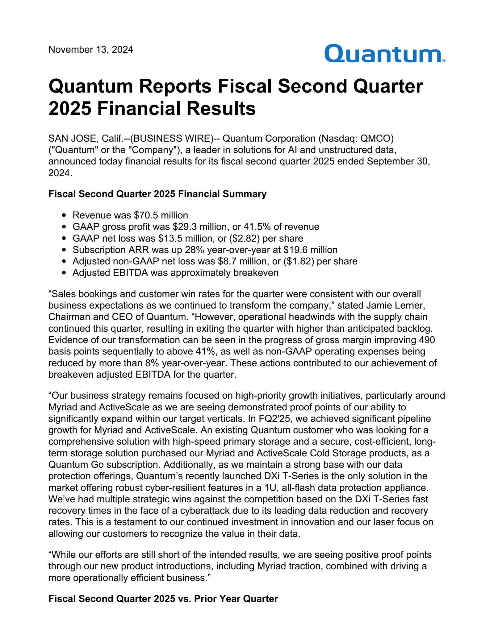 Quantum's Q2 2025 Press Release