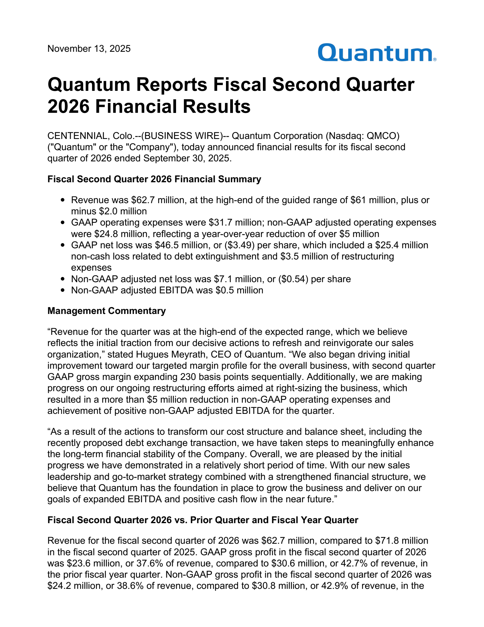 Quantum's Q2 2026 Earnings Release