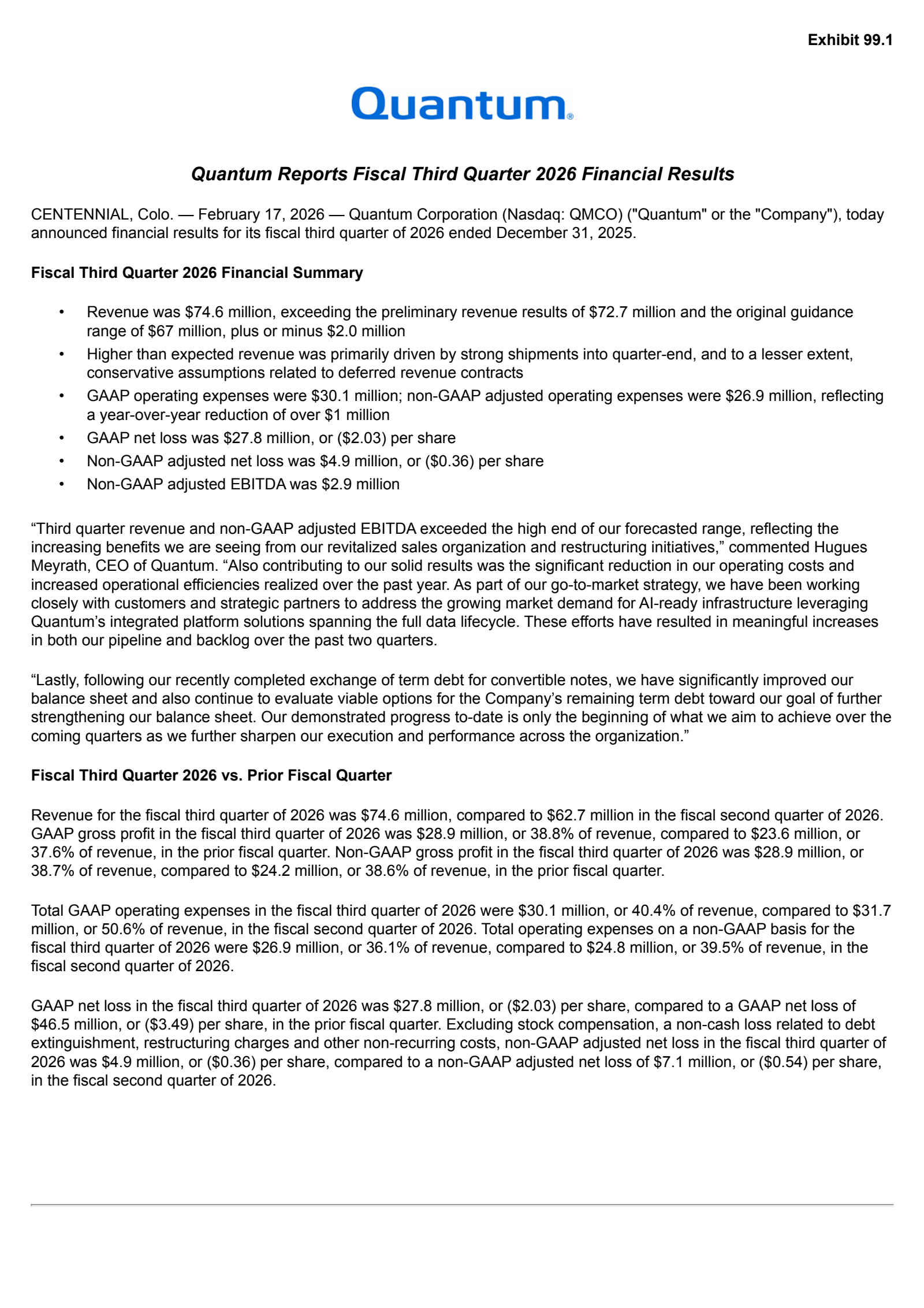 Quantum's Q3 2026 Press Release