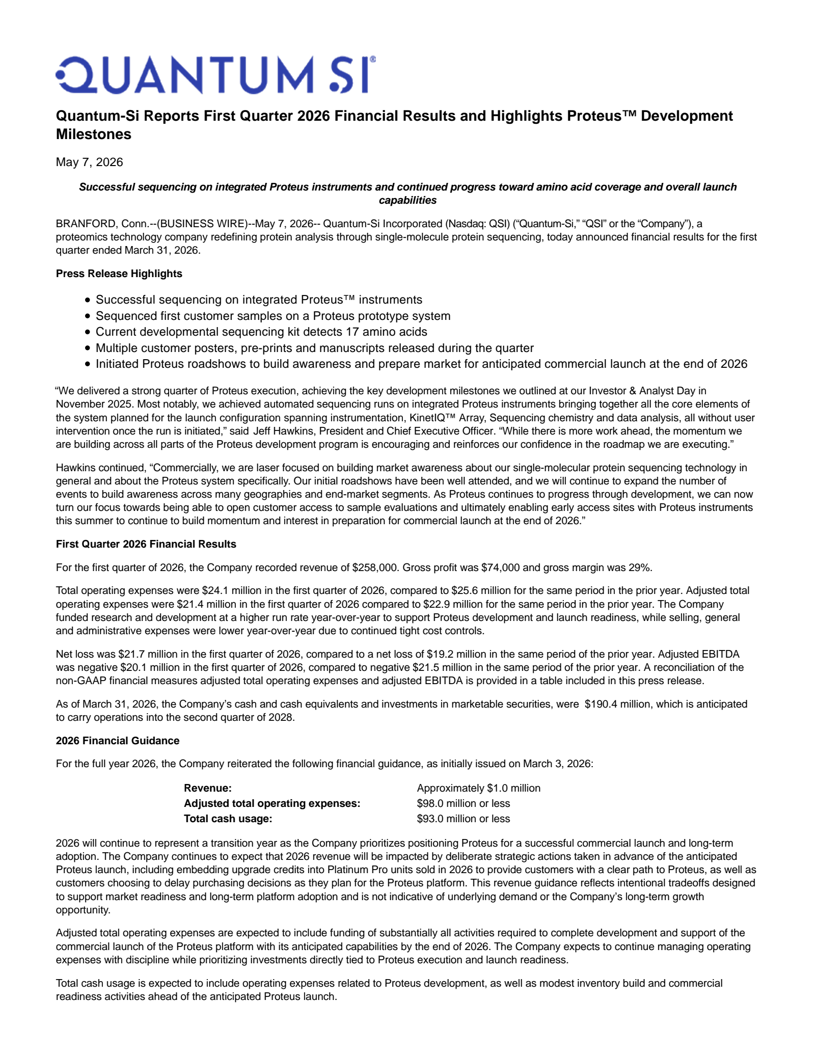 Quantum-Si's Q1 2026 Press Release