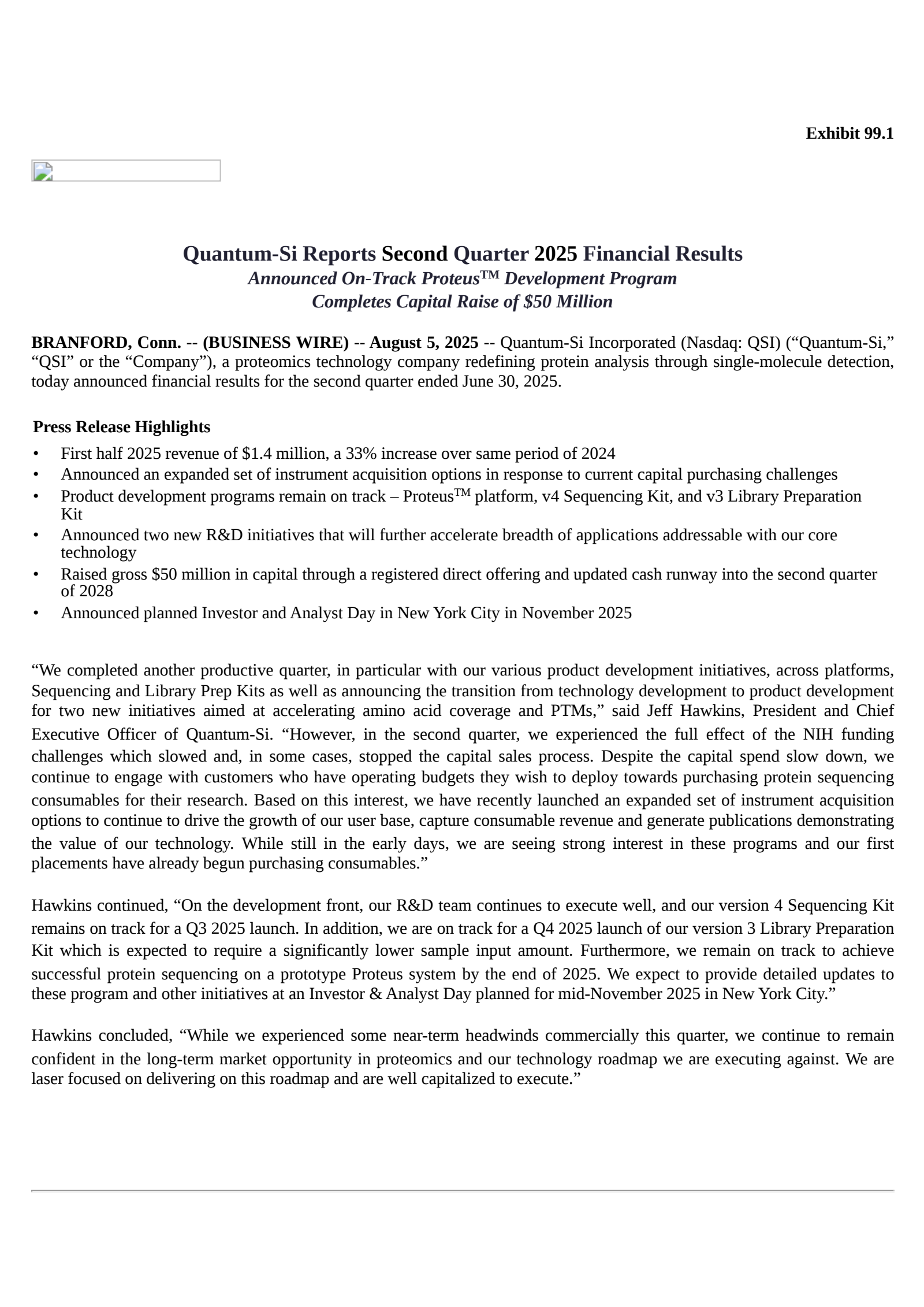 Quantum-Si's Q2 2025 Press Release