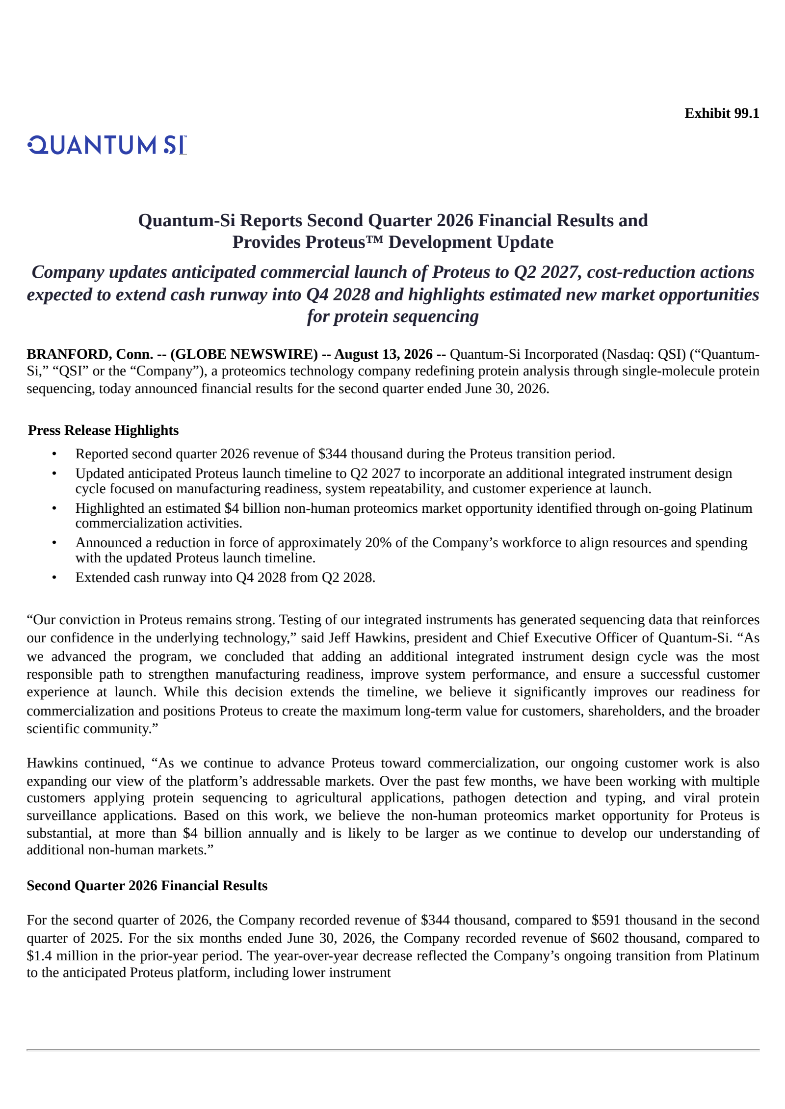 Quantum-Si's Q2 2026 Press Release