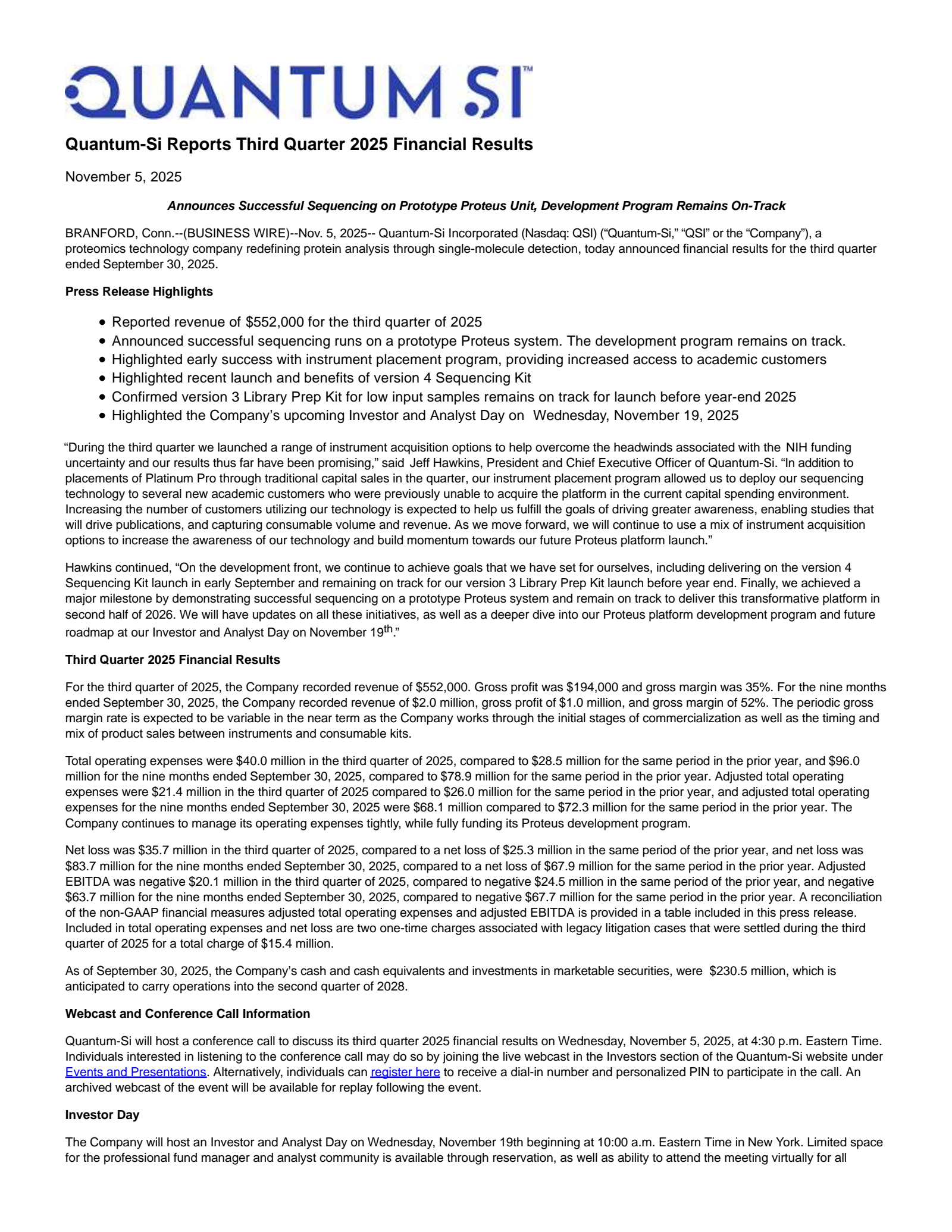 Quantum-Si's Q3 2025 Earnings Release