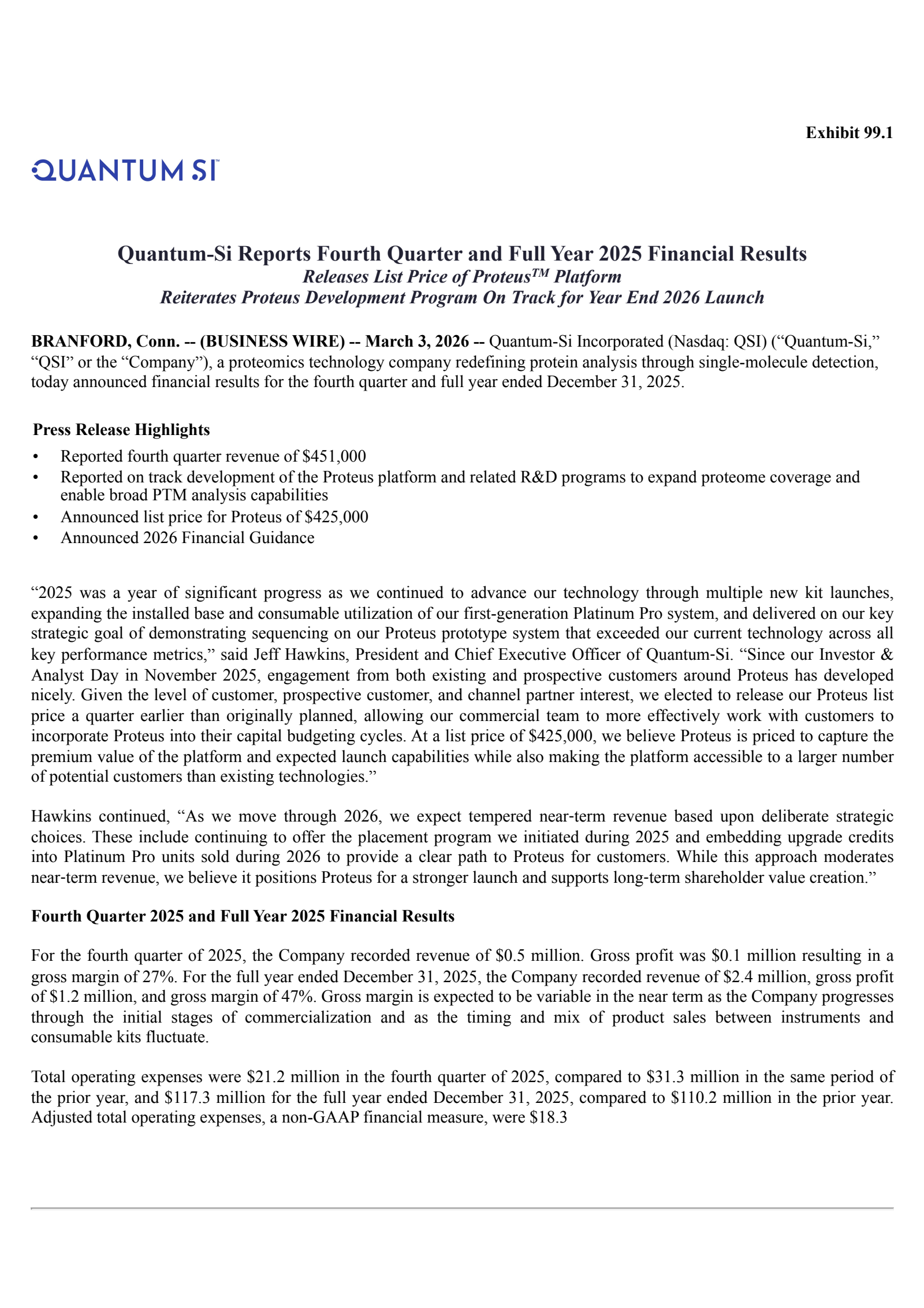 Quantum-Si's Q4 2025 Press Release