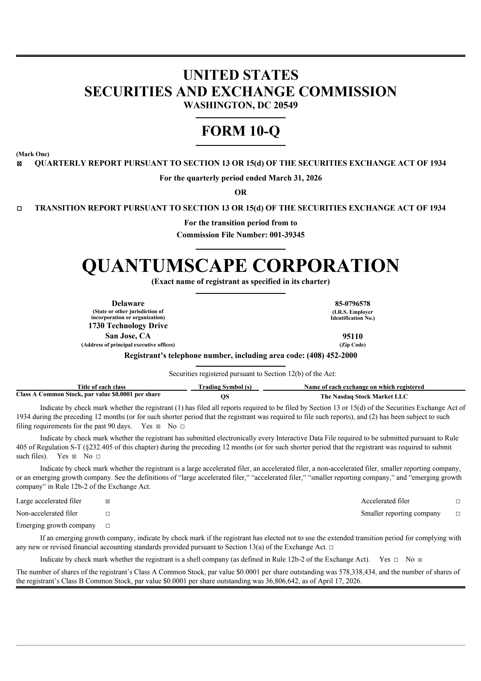 QuantumScape's Q1 2026 Quarterly report