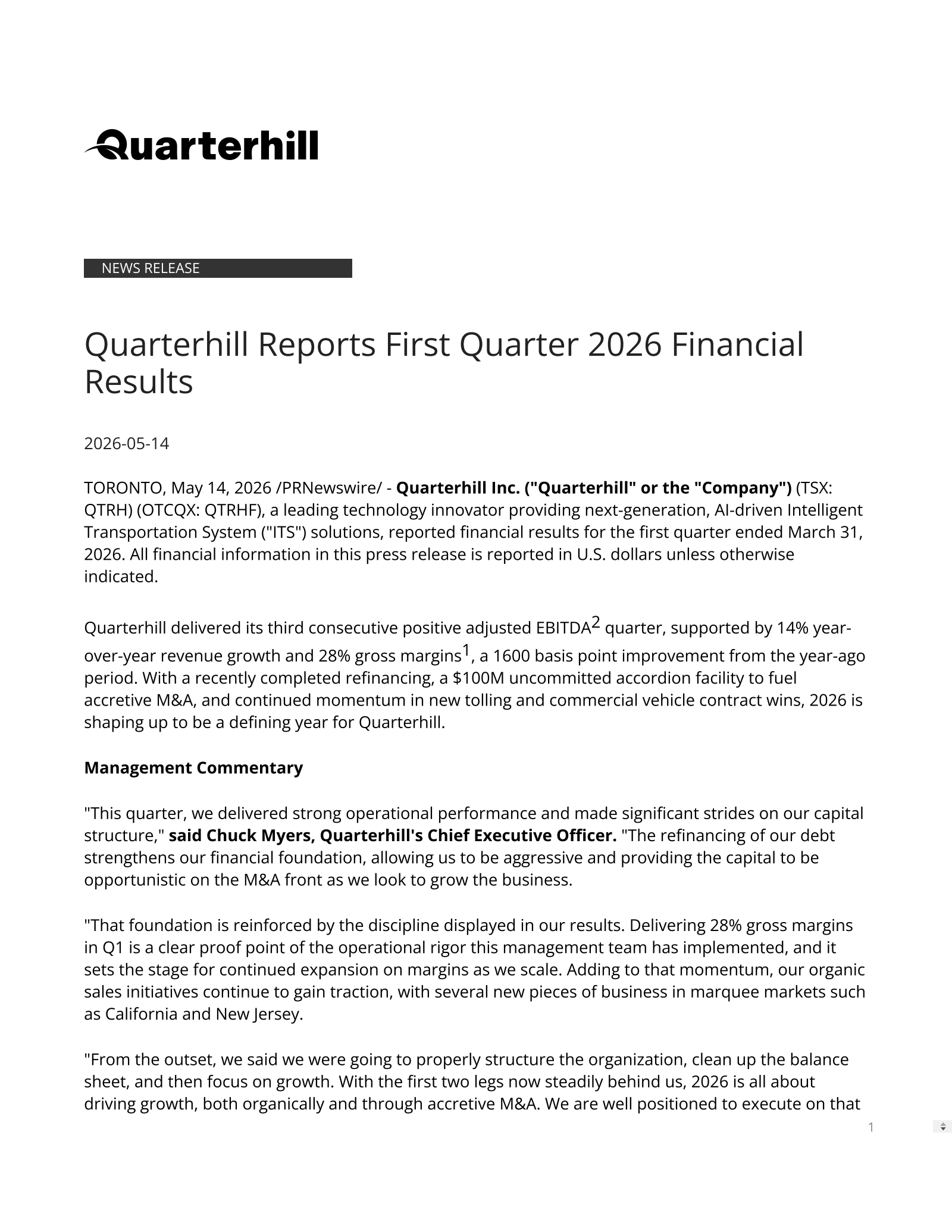 Quarterhill's Q1 2026 Press Release