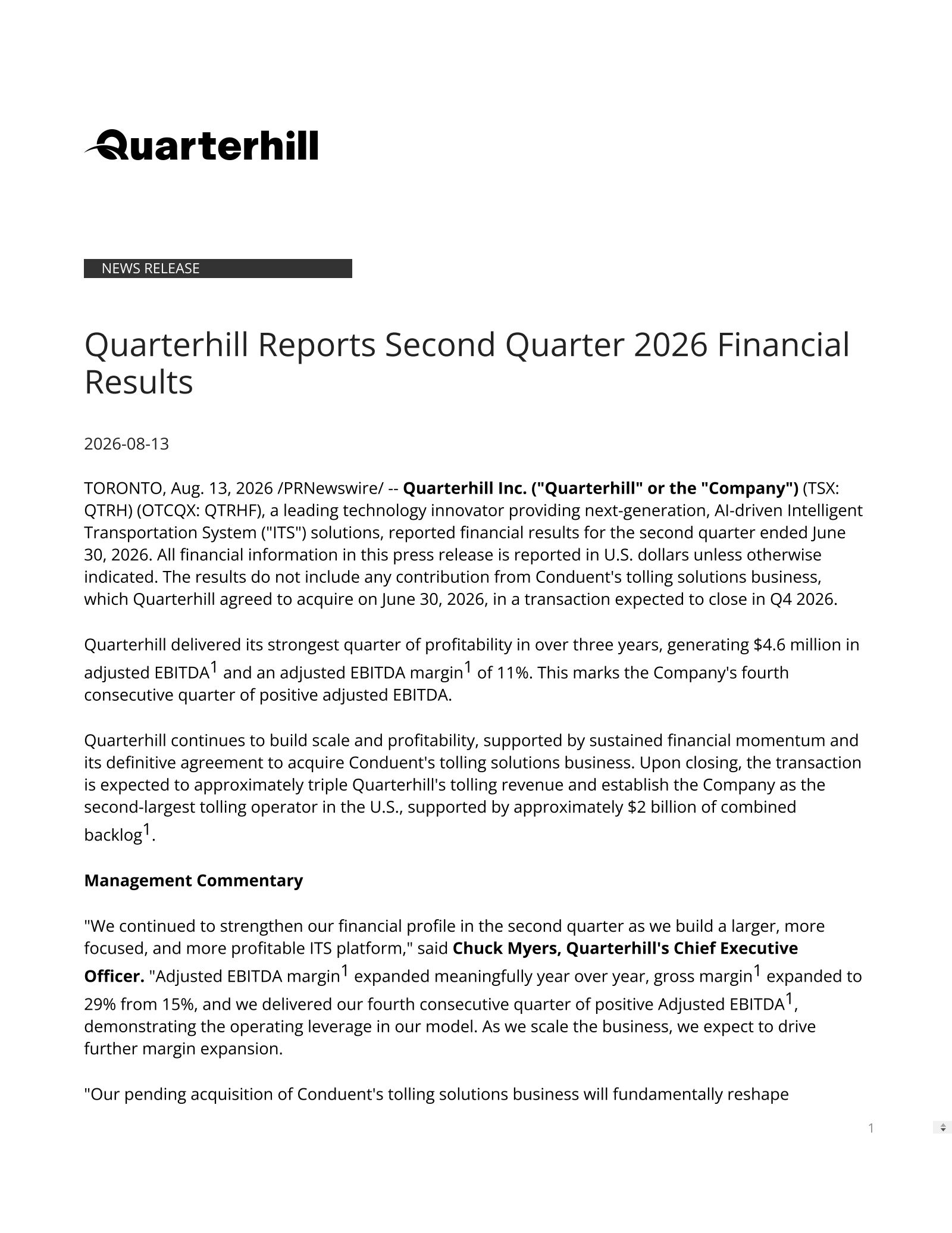 Quarterhill's Q2 2026 Press Release