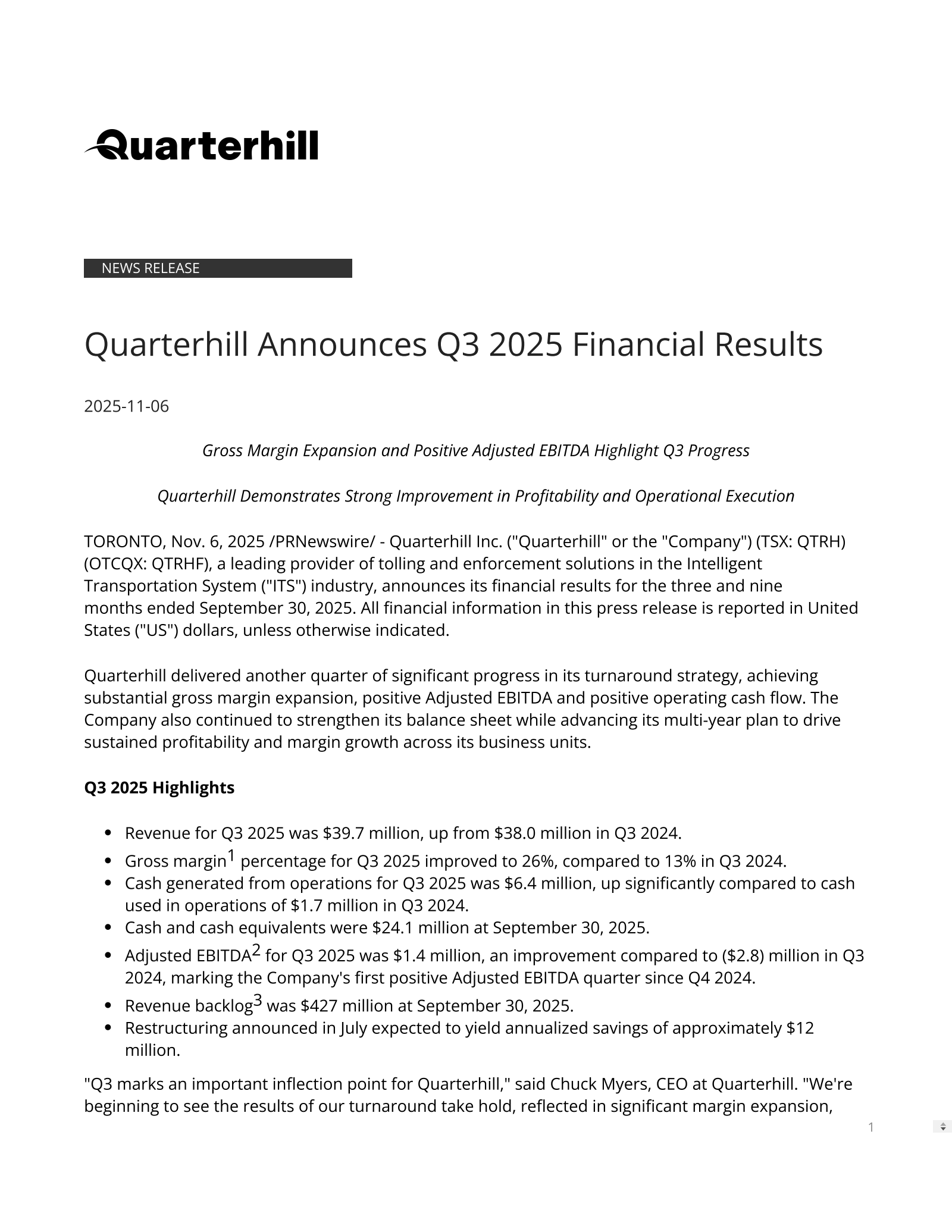 Quarterhill's Q3 2025 Earnings Release