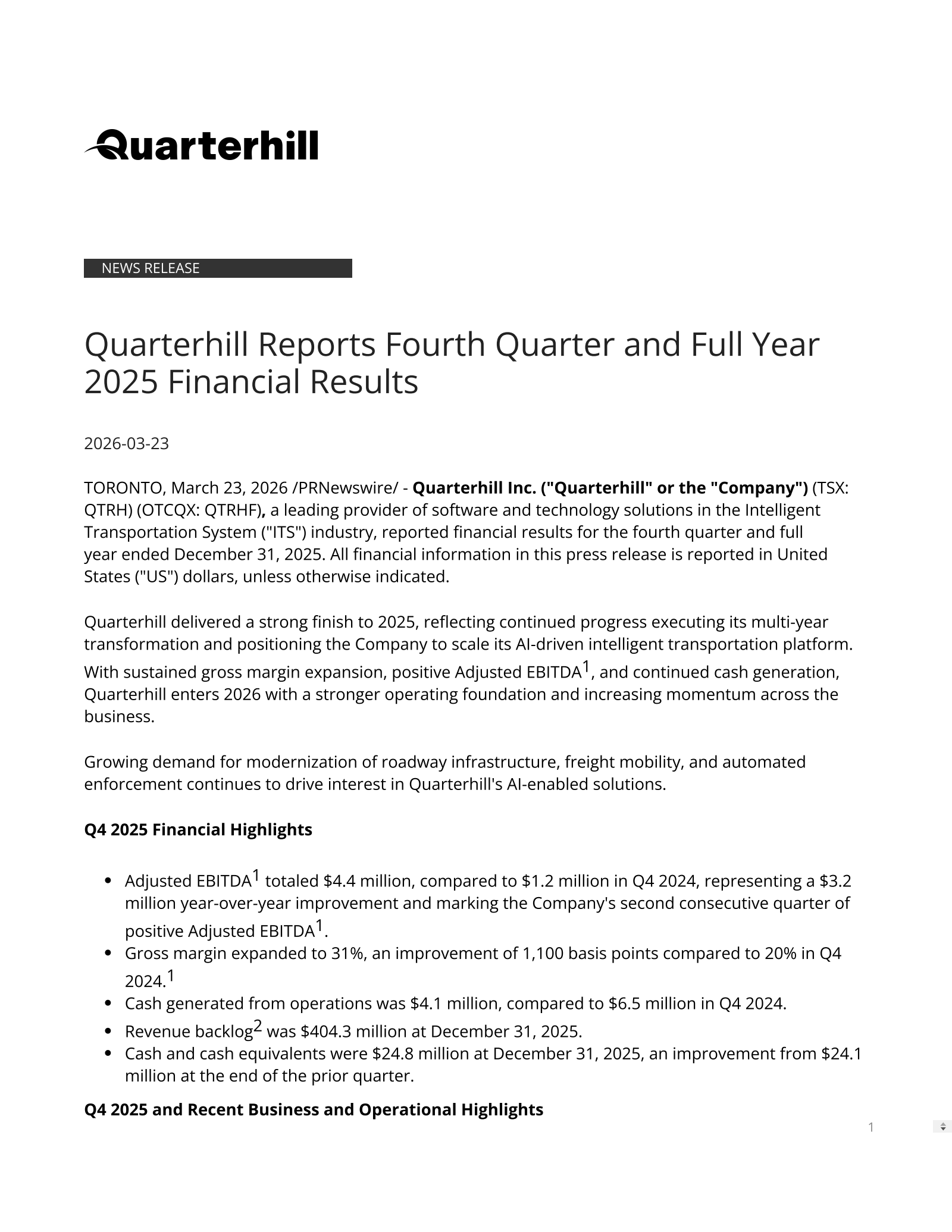 Quarterhill's Q4 2025 Press Release