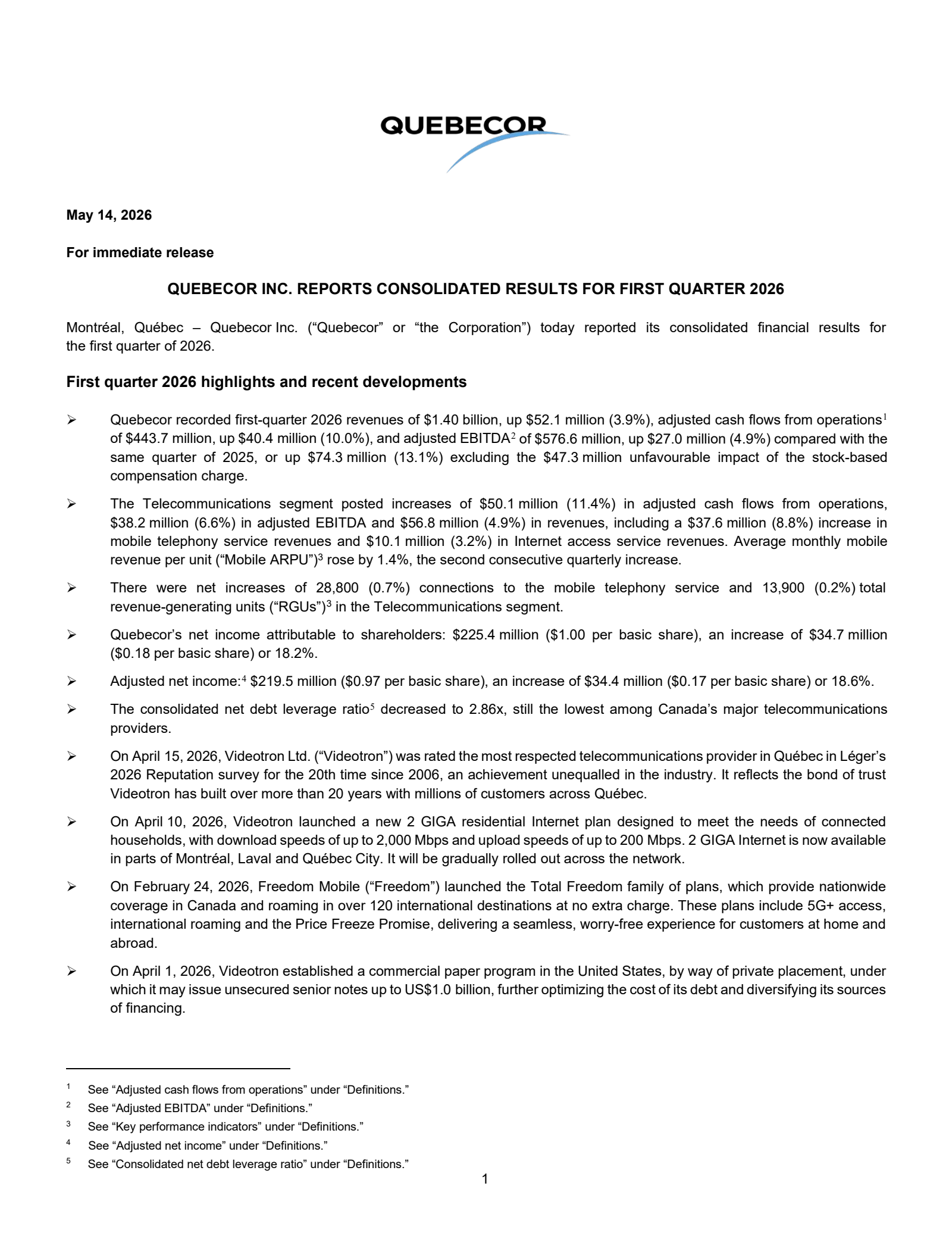 Quebecor's Q1 2026 Press Release