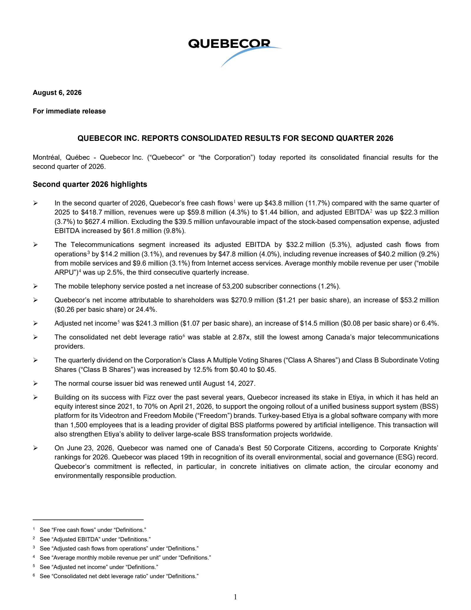 Quebecor's Q2 2026 Press Release
