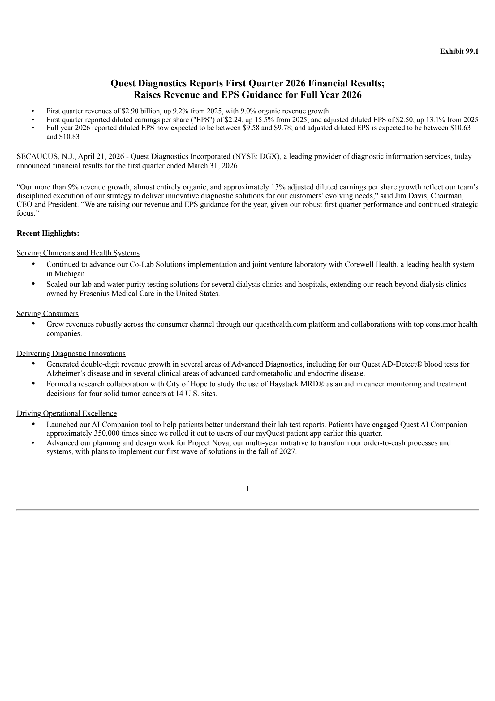 Quest Diagnostics' Q1 2026 Press Release