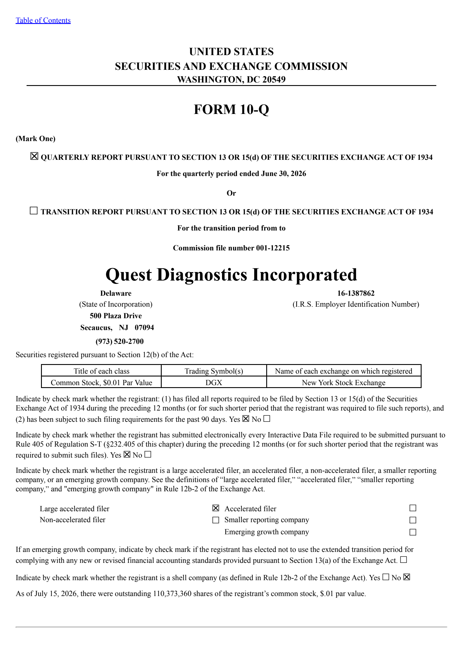 Quest Diagnostics' Q2 2026 Quarterly report