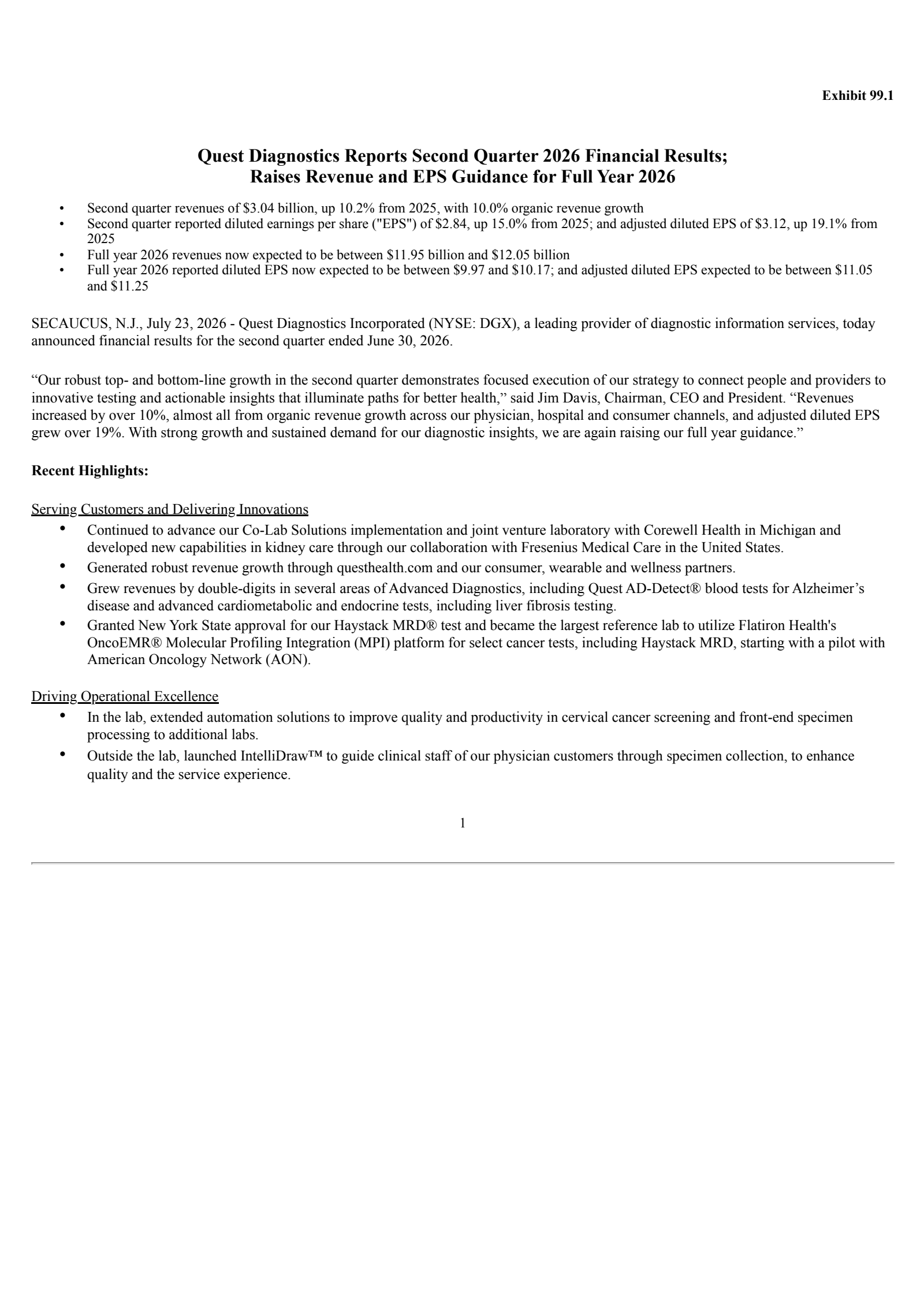 Quest Diagnostics' Q2 2026 Press Release