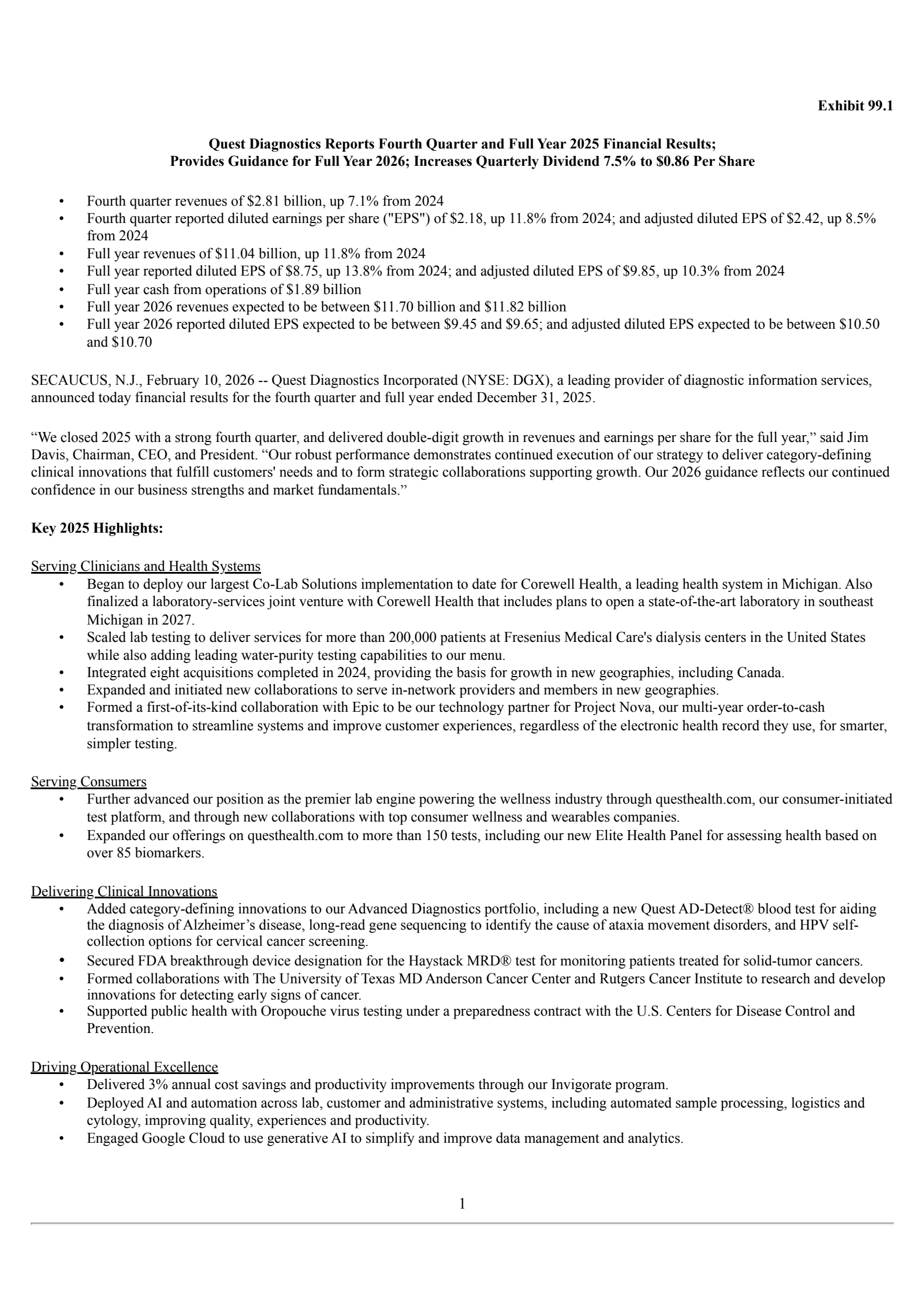 Quest Diagnostics' Q4 2025 Press Release