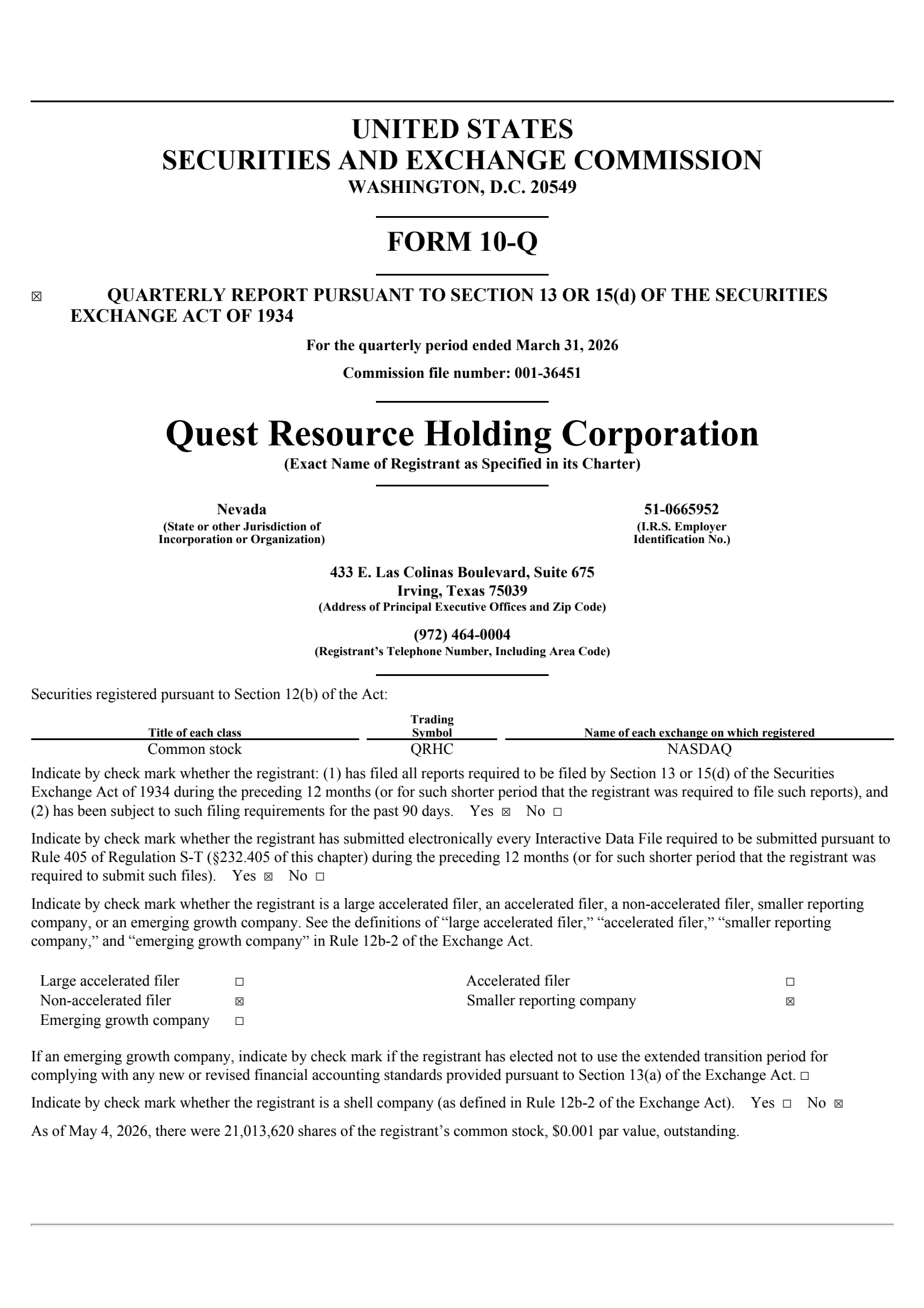 Quest Resource's Q1 2026 Quarterly report